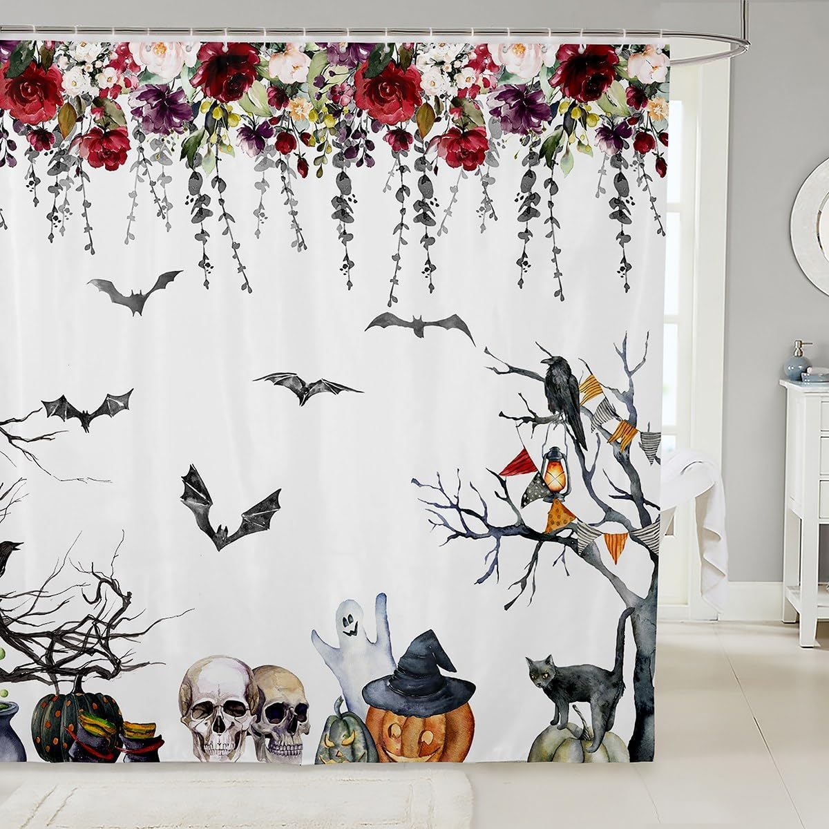 Manfei Cortinas de ducha de Halloween con diseño de murciélagos negros, calabaza, fantasma, calavera, cortinas de baño para niños y adultos,