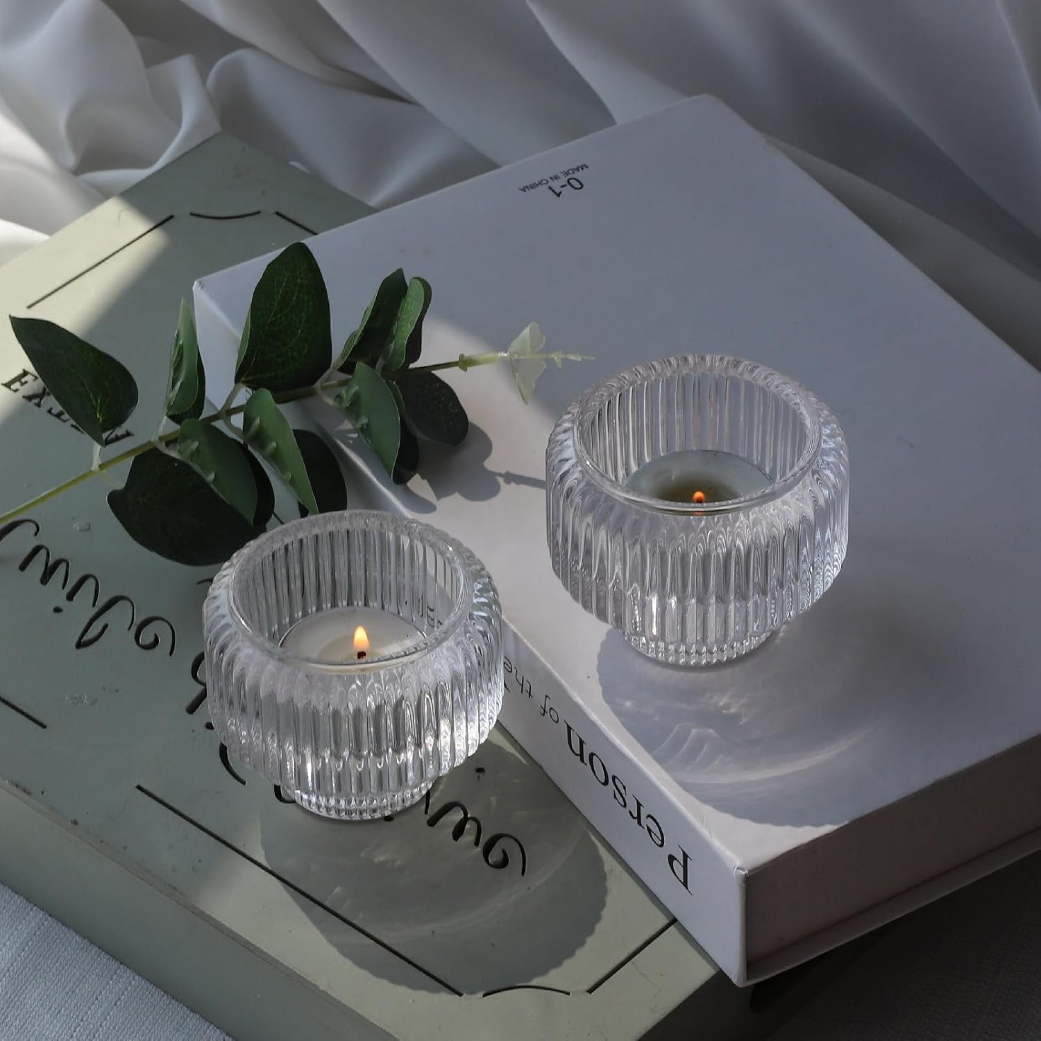 Woho Juego de 4 portavelas transparentes para mesa de boda, candelabros votivos de vidrio acanalado para fiesta de Navidad, decoración del hogar