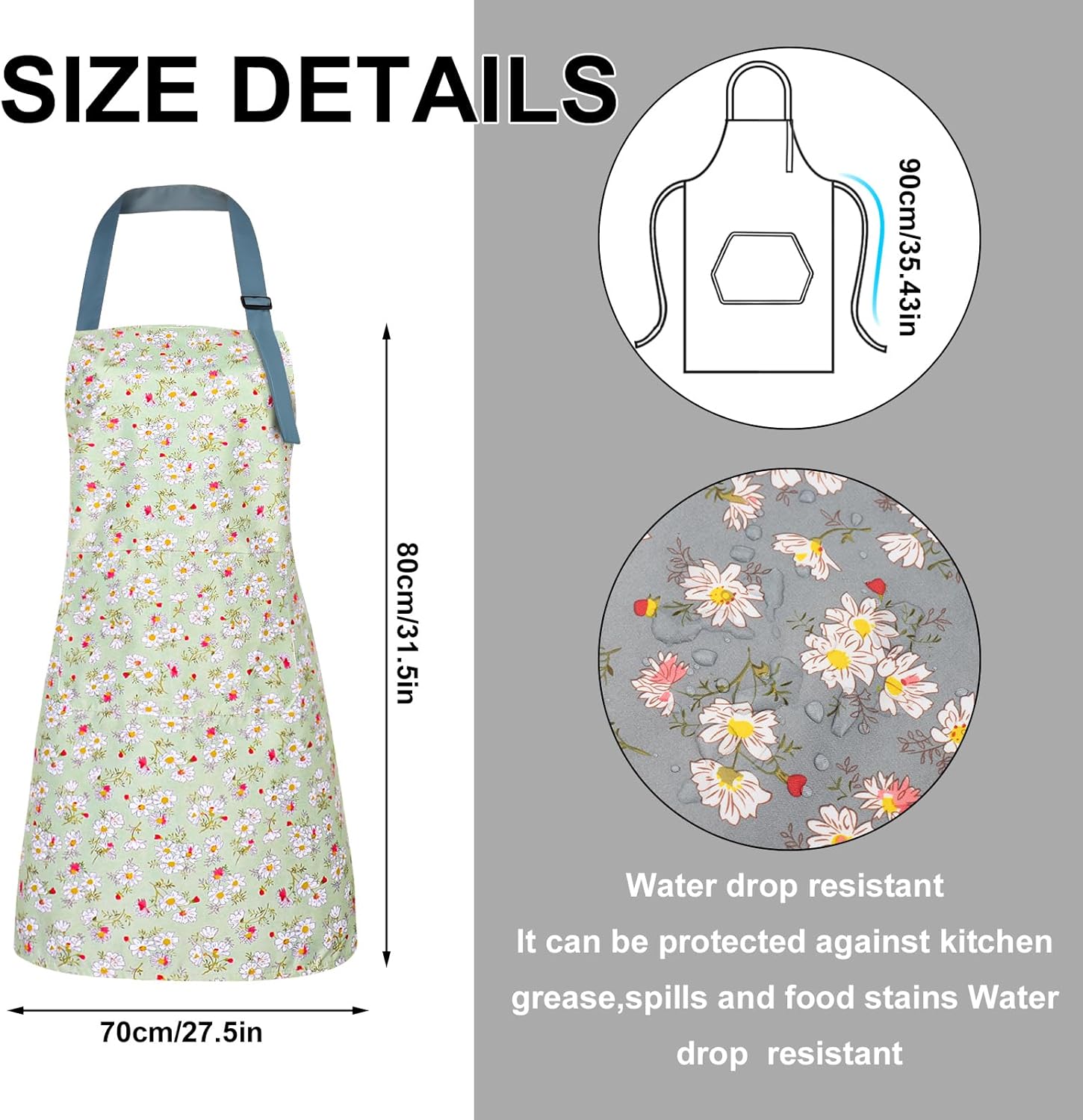 3 delantales florales Little Daisy, delantal impermeable para mujeres con bolsillos, delantal de cocina, delantal ajustable, delantal de chef suave