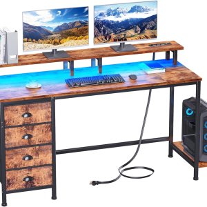 Furologee Escritorio de computadora de 55 pulgadas con 4 cajones, escritorio LED para juegos con tomas de corriente, escritorio de oficina con Furologee Escritorio de computadora de 55 pulgadas con 4 cajones, escritorio LED para juegos con tomas de corriente, escritorio de oficina con