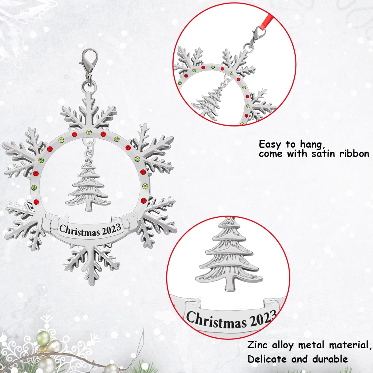 Adorno de Navidad 2023 de metal plateado brillante, adorno de Navidad, copo de nieve, colgante colgante para familia, bebé, pareja, conmemorativo,