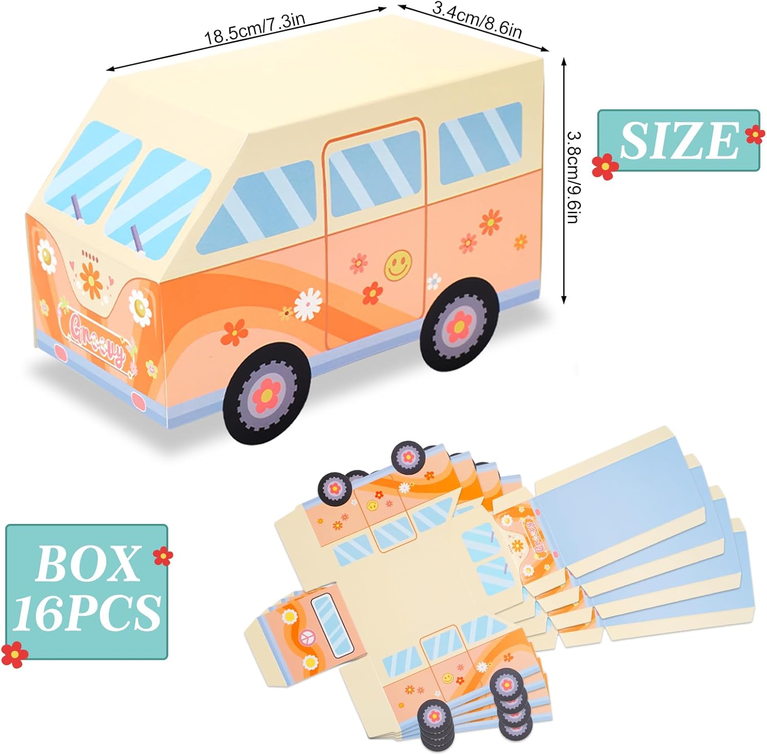 Whaline Paquete de 16 cajas de regalo de fiesta de estilo hippie, bús, cajas de papel de caramelos, decoraciones de fiesta de cumpleaños para fiesta