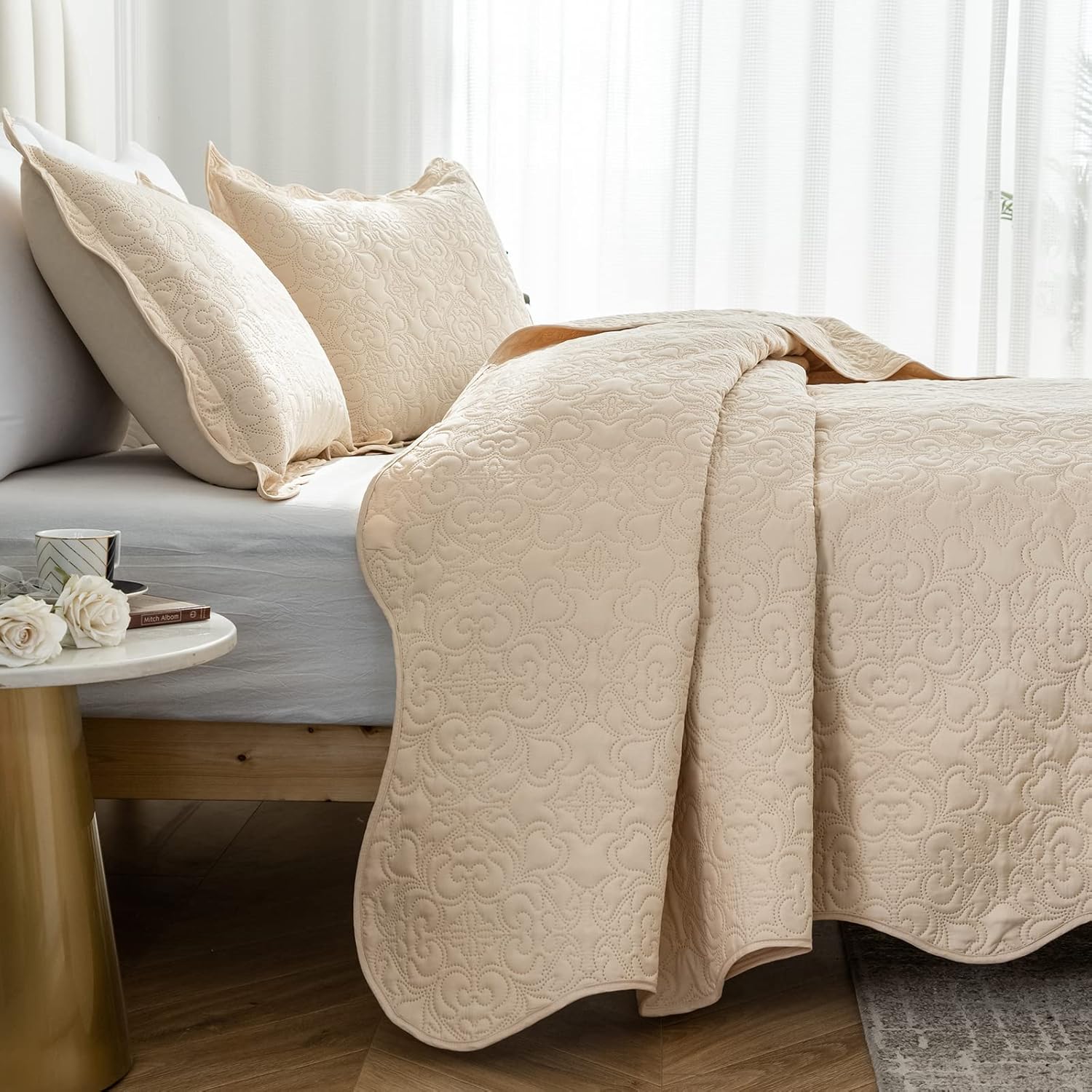 Juego de edredón de 3 piezas tamaño King, colcha de verano suave y ligera, colcha reversible de microfibra para todas las estaciones, beige, patrón