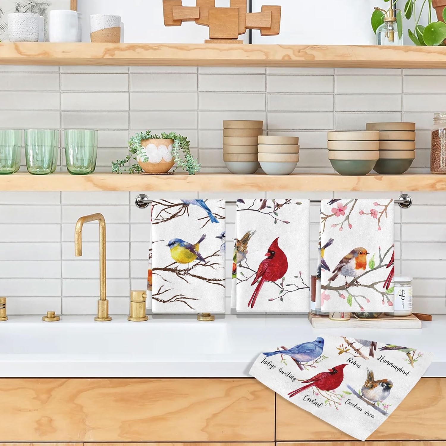 Juego de 4 toallas de cocina con diseño de pájaros, diseño de pájaros en rama, color cardenal, colibrí, azul, toallas de cocina absorbentes para