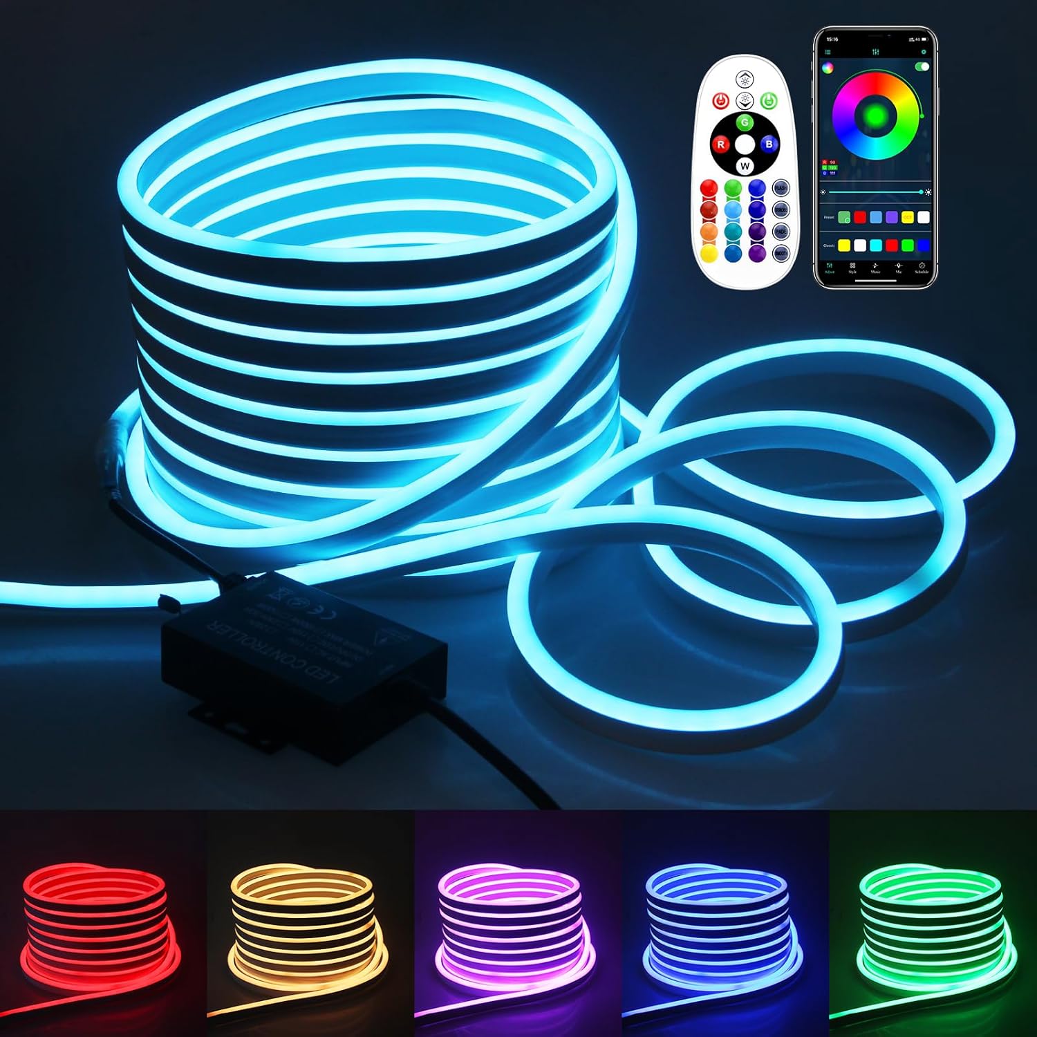 Samsion Waterpfoof – Tira de luces de neón RGB para exteriores, 115 pies, con regulador de intensidad de neón, sincronización de música, cambio de