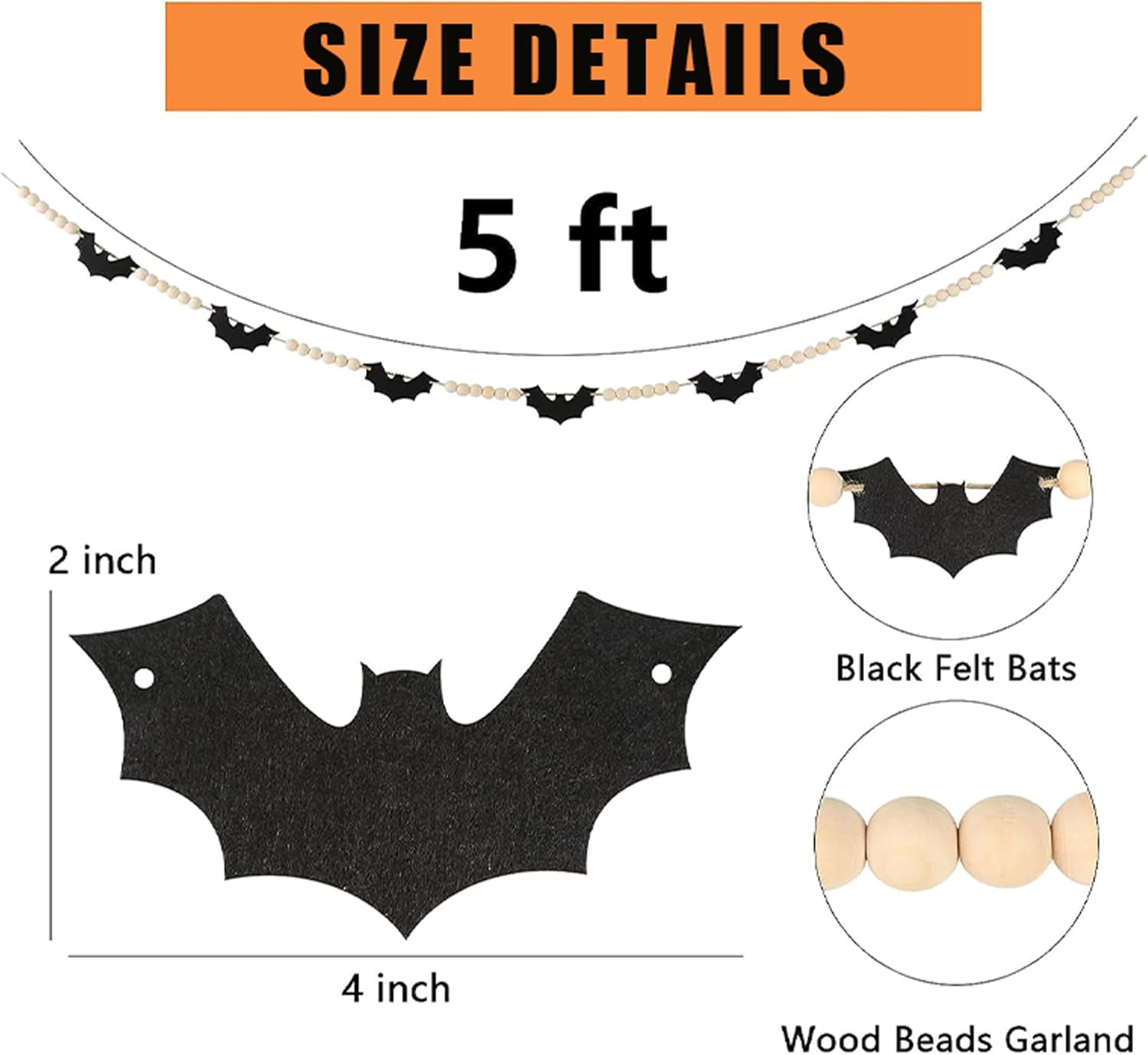 Decoraciones de Halloween para interiores, murciélagos de fieltro, guirnalda de cuentas de madera para pared, casa, chimenea, decoración de mantel