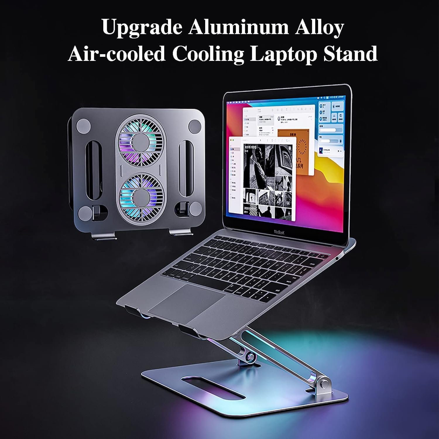 Eiyikof Soporte ajustable para laptop con ventilador USB Hub compatible con computadora portátil de 10 a 15 pulgadas, elevador ergonómico de