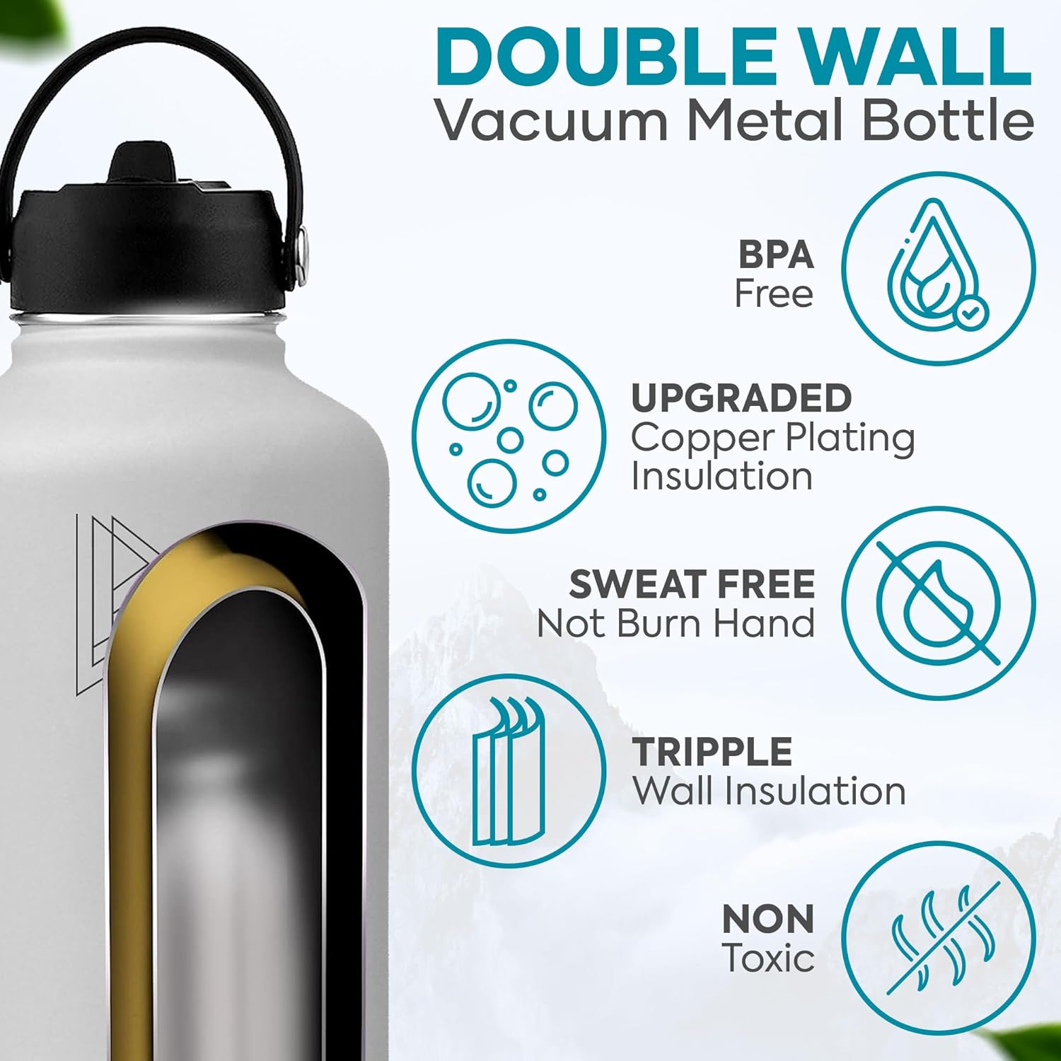Botella de agua deportiva de acero inoxidable – 64 onzas, 2 tapas (tapa con pajilla), botella de agua aislada al vacío con 2 tapas (tapa con