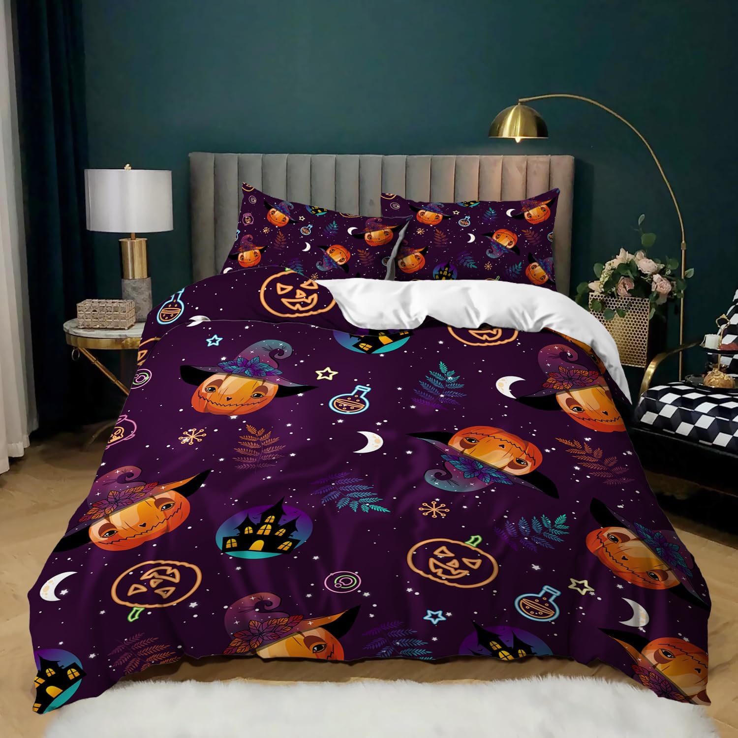 AILONEN Juego de funda de edredón de Halloween, tamaño Queen, juego de ropa de cama de calavera de calabaza mágica, juego de funda de edredón con