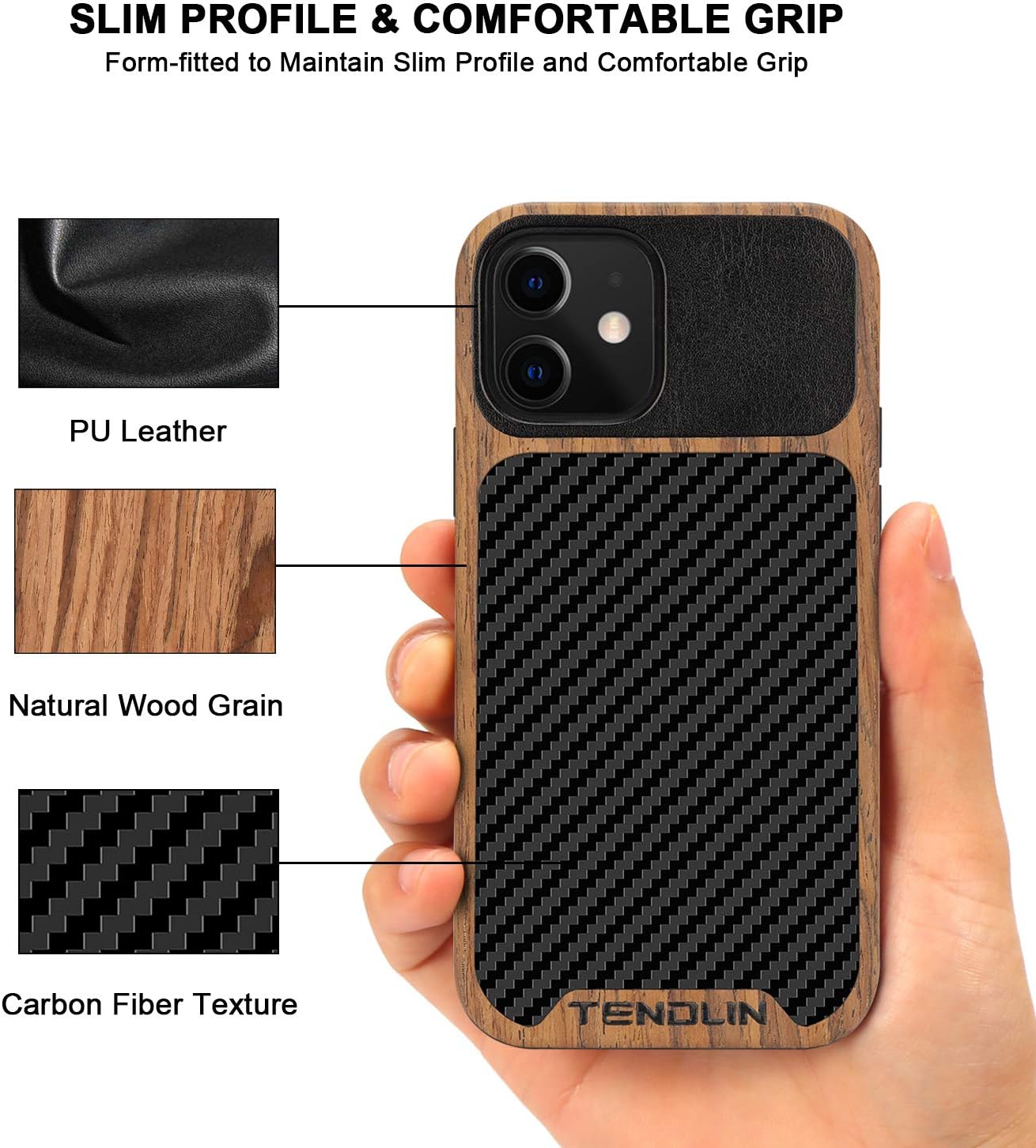 TENDLIN Funda compatible con iPhone 12 Mini de grano de madera con textura de fibra de carbono, funda híbrida de cuero, color negro