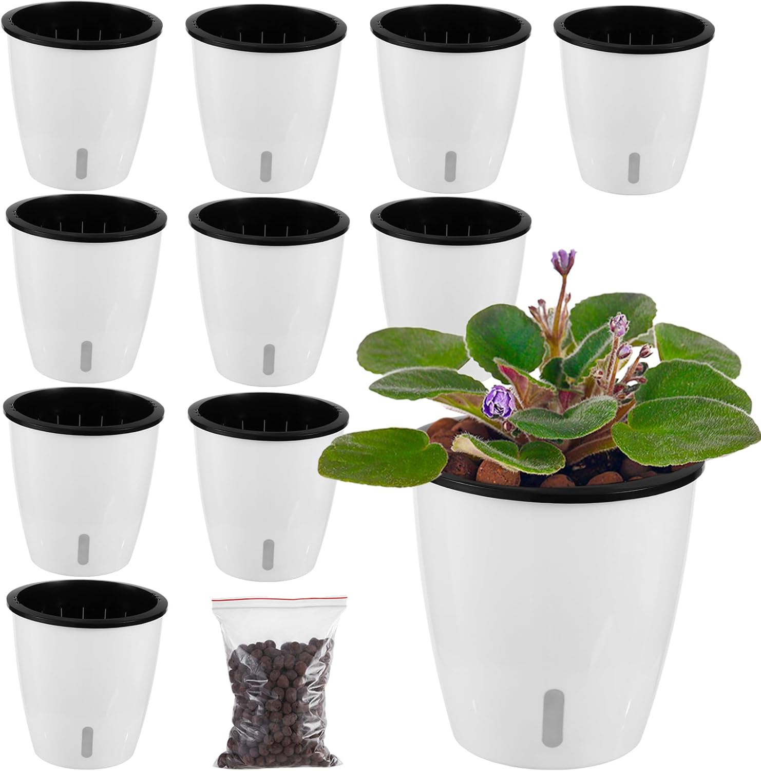 Paquete de 10 macetas de riego automático de 5 pulgadas para plantas de interior con indicador de agua, macetas de violeta africana con maceta de