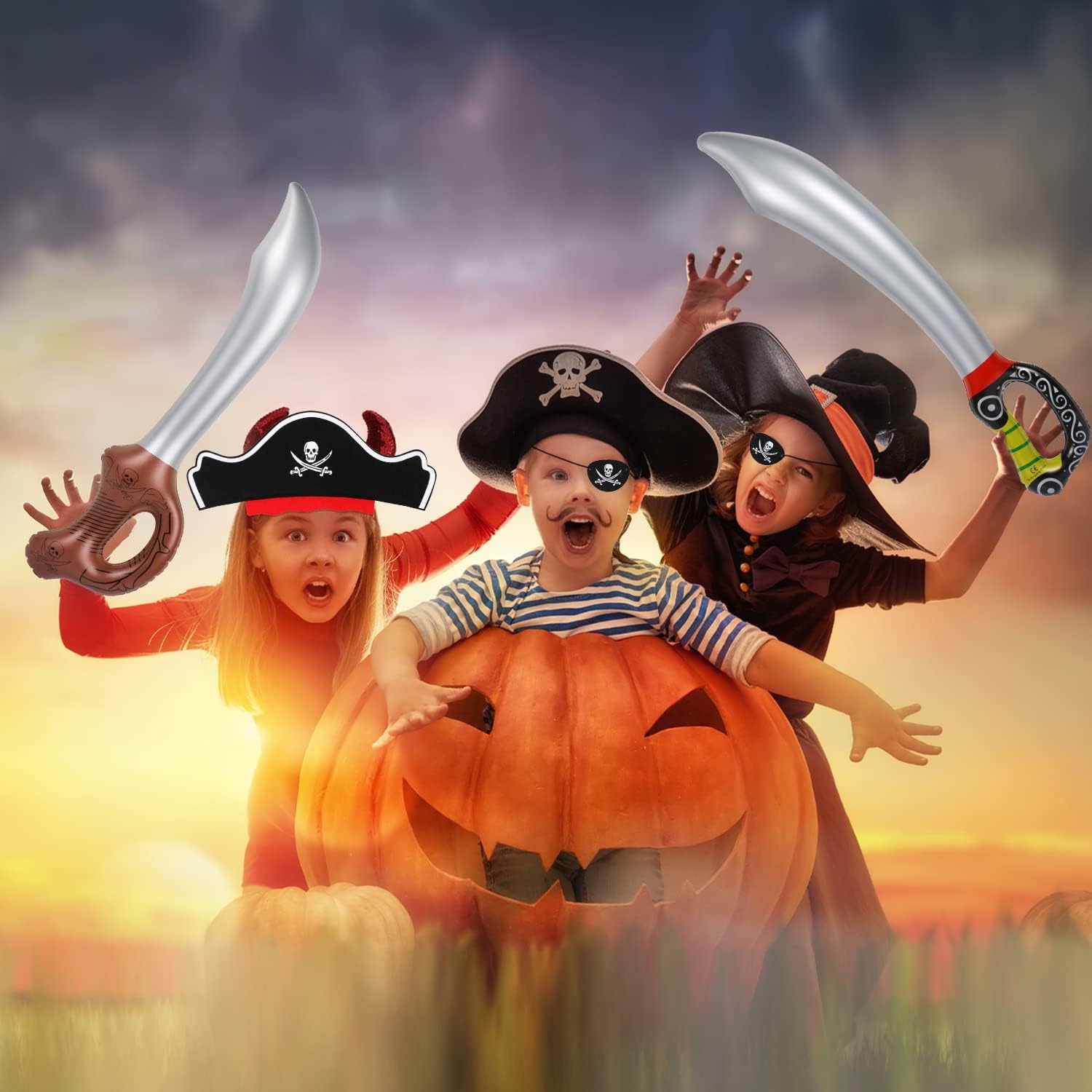 LIYDE Juego de 24 piezas de recuerdos de fiesta pirata, sombreros piratas inflables, espadas piratas de Halloween, suministros de fiesta de pirata,