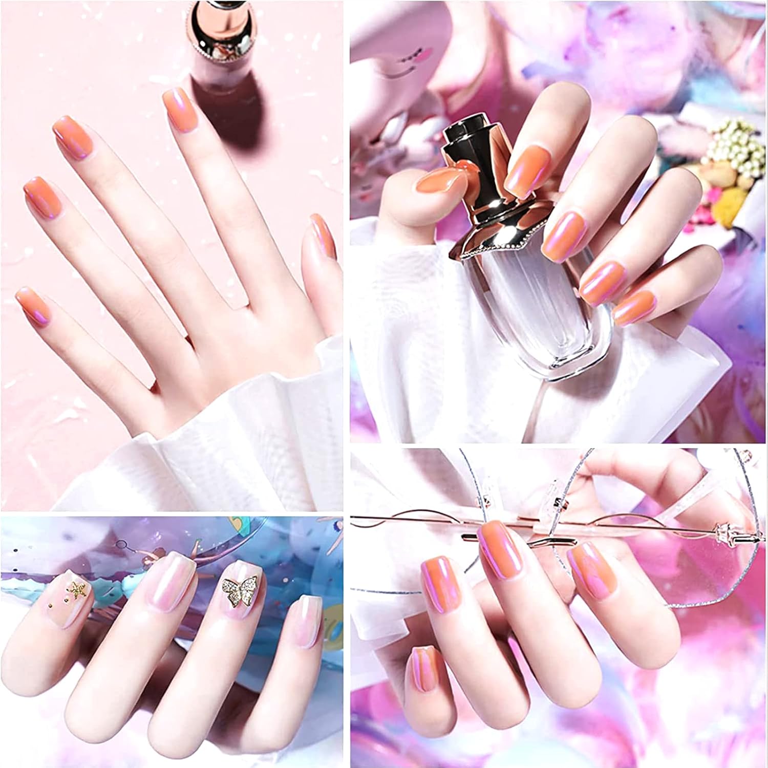2 cajas de uñas de cromo perla con efecto espejo, uñas de concha de hada, polvo holográfico aurora iridiscente nacarado pigmento de manicura arco