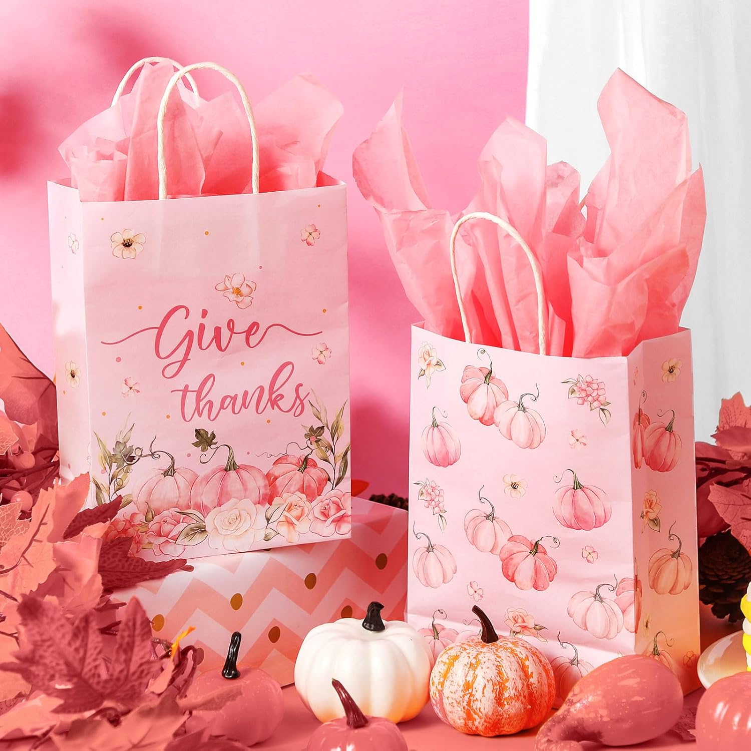 Capoda 24 bolsas de regalo de Acción de Gracias, bolsas de regalo de calabaza rosa a granel con asa y papel de seda, bolsas de agradecimiento,