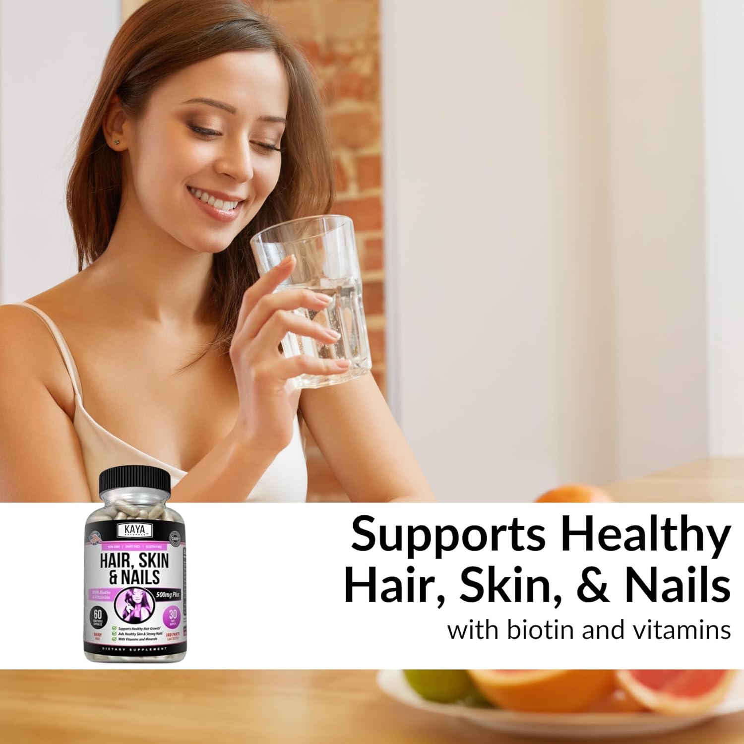 Kaya Naturals Cápsulas de uñas BIOTIN Vitamina D Vitamina B-12 A Apoyo de ácido fólico, Suplemento vitamínico de apoyo para el cabello
