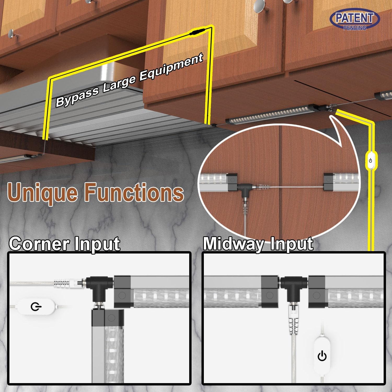 EBD Luces LED para debajo del gabinete, cable ajustable integrado, entrada intermedia, luces para fregadero de cocina, 3 unidades, 1350 lúmenes,