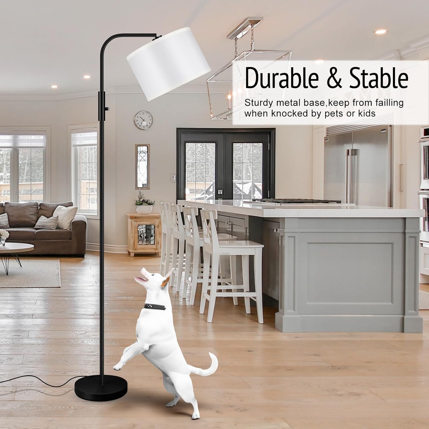 Lámpara de pie regulable, moderna lámpara de pie con bombilla LED (1000 lúmenes, 2700 K), pantalla de lámpara ajustable blanca, interruptor