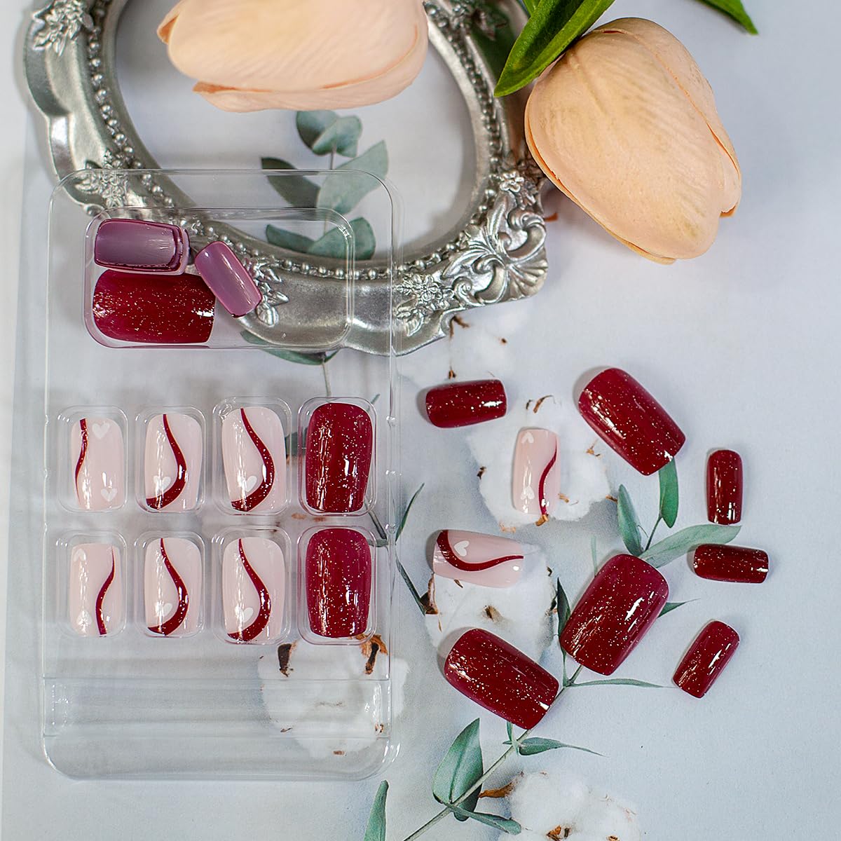 24 uñas postizas cortas a presión, uñas postizas cuadradas color rojo vino con purpurina ondulada, diseño de uñas adhesivas para otoño, invierno,