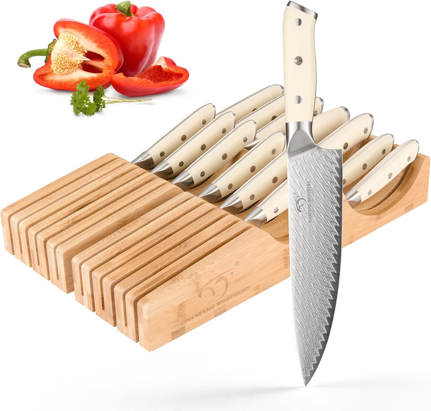 NANFANG BROTHERS Damascus – Juego de cuchillos de cocina de 14 piezas, mango ergonómico ABS para VG10 acero profesional cuchillos de chef con bloque