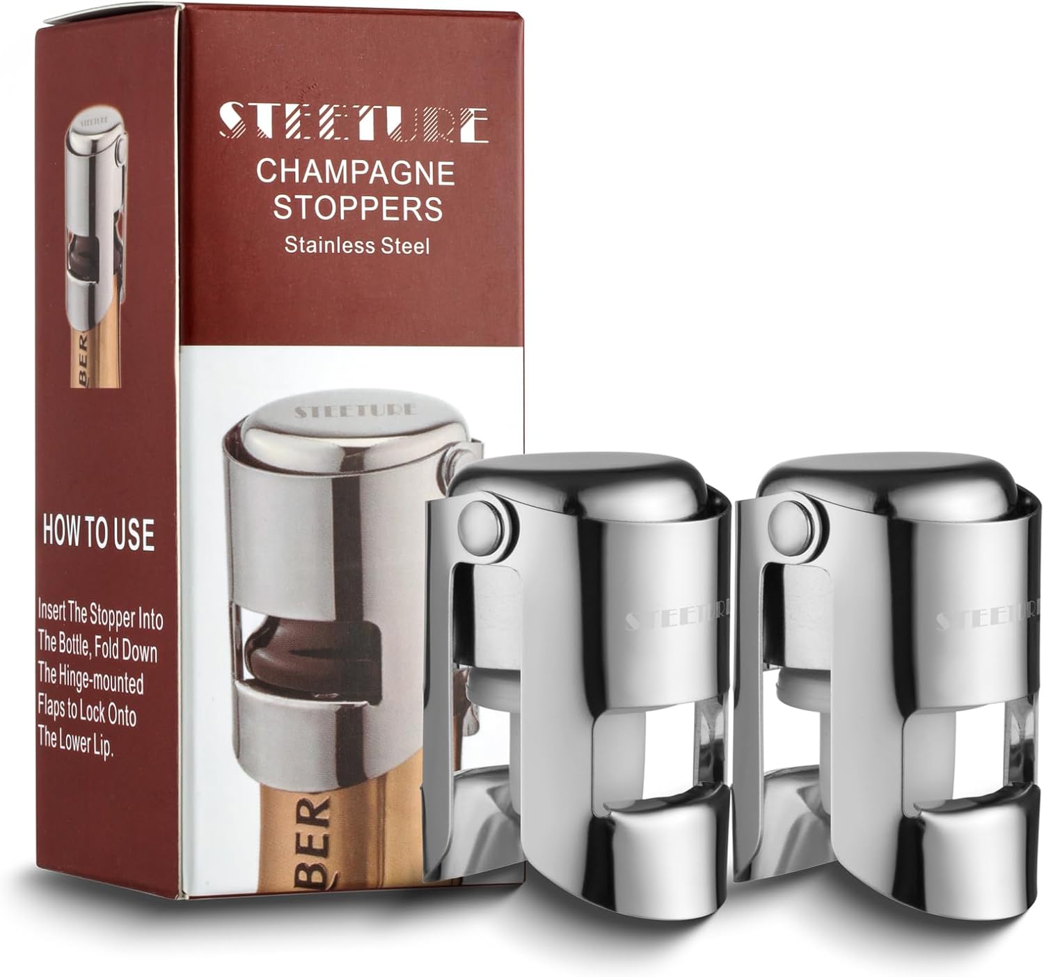 STEETURE 2 tapones de champán de acero inoxidable, tapón de vino espumoso, tapón de silicona de grado alimenticio, sellador de botellas a prueba de