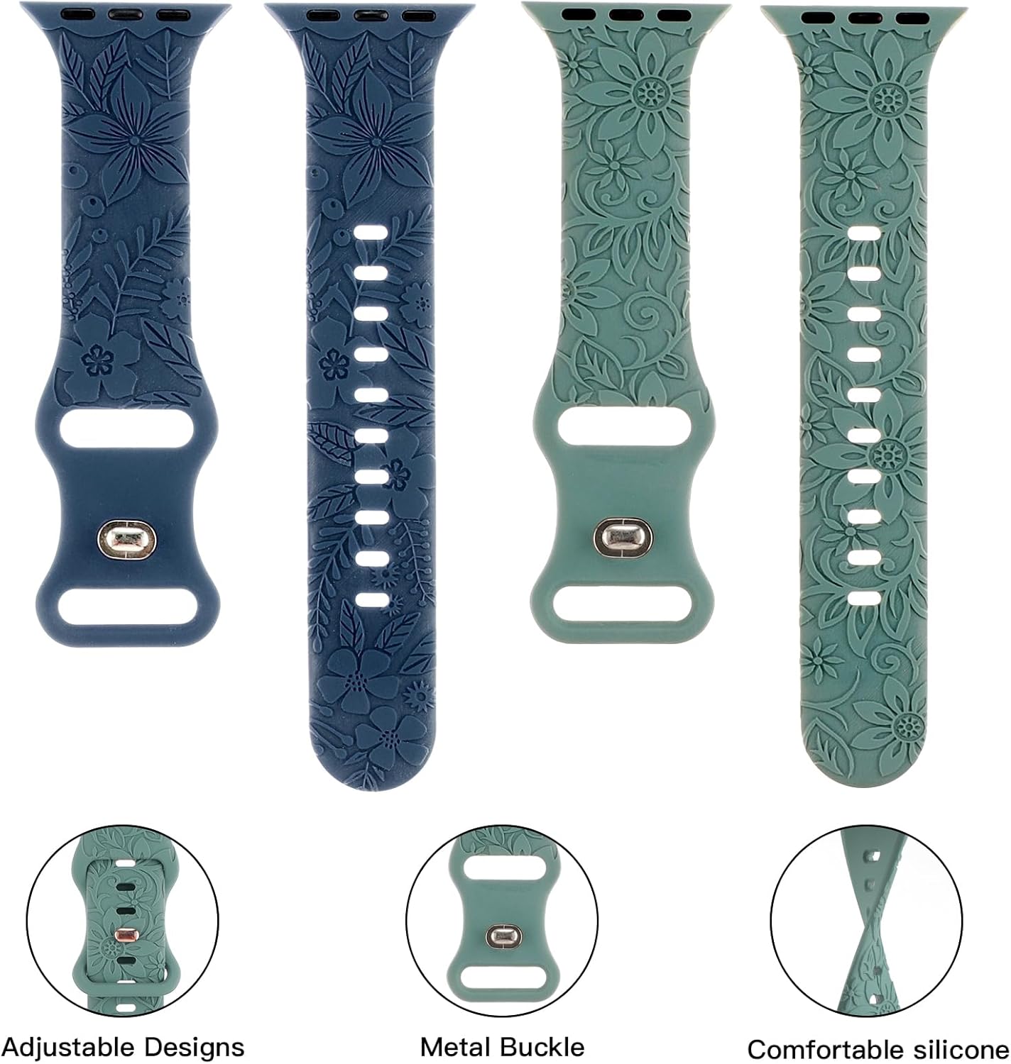 Correa deportiva de silicona con grabado floral compatible con Apple Watch de 1.575 in, 1.614 in, 1.496 in, 1.654 in, 1.732 in, 1.772 in y 1.929 in