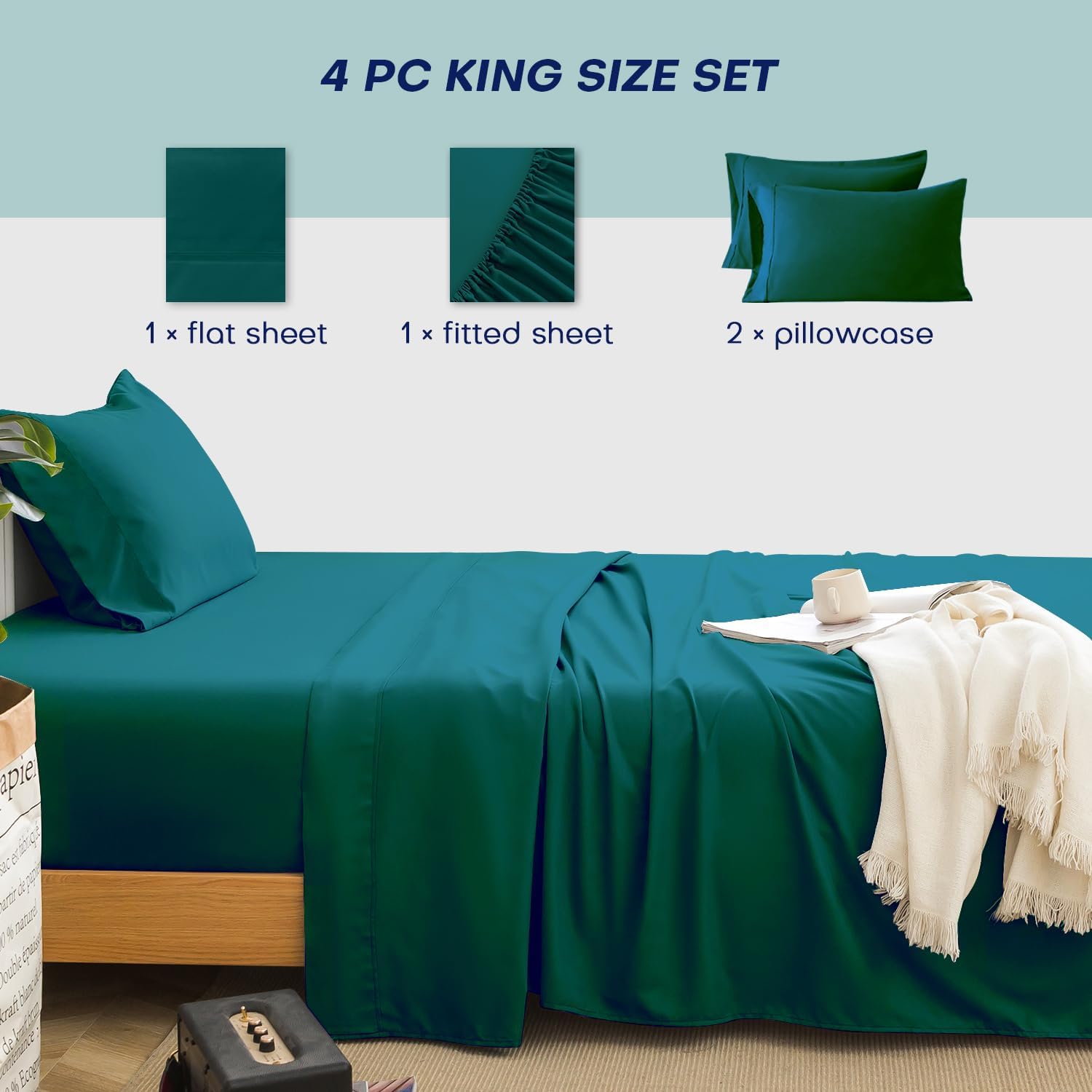 ROOYE Juego de sábanas King con estampado de bolsillo profundo, juego de sábanas de lujo de hotel, juego de sábanas de microfibra King con 18