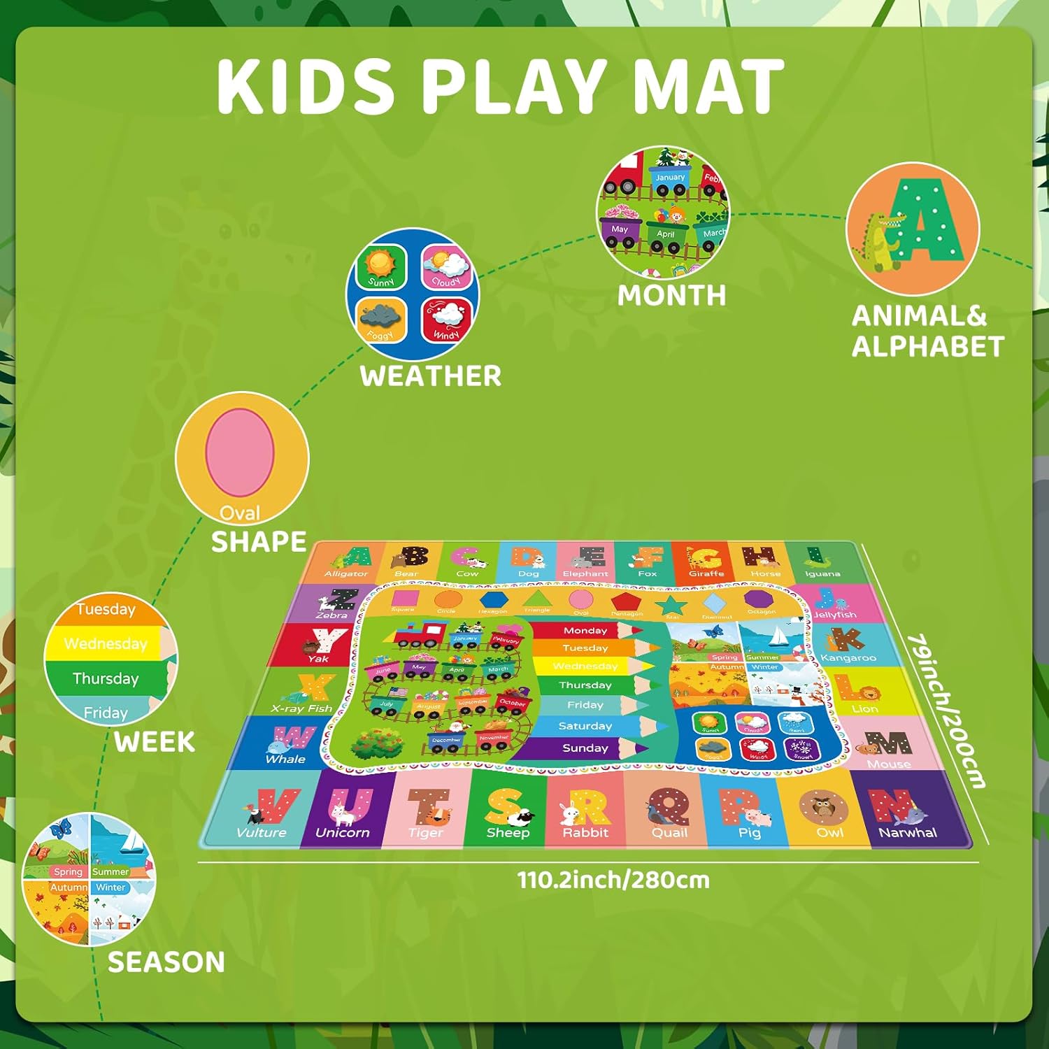 AKASISRUG Alfombra de juego para niños, colección Playtime ABC, forma, temporada, mes, semana, aprendizaje educativo para sala de juegos de niños,