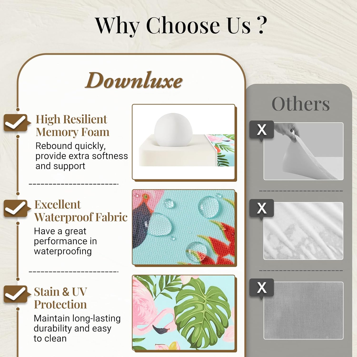 downluxe Juego de 4 cojines para sillas de exterior para muebles de patio, cojines impermeables para sillas de patio con lazos, cojín de espuma