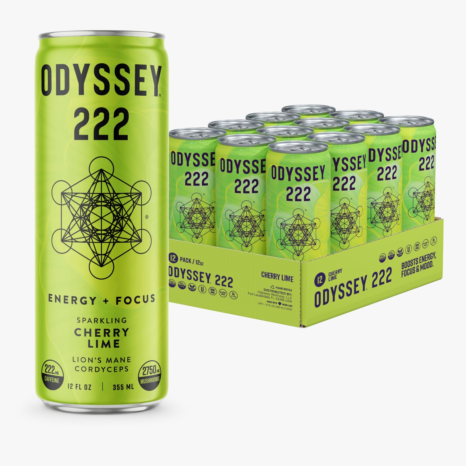 Odyssey – Bebida energética 222, preentrenamiento, 222 mg de cafeína, bebidas energéticas limpias, L teanina, melena de león, cordyceps y té verde