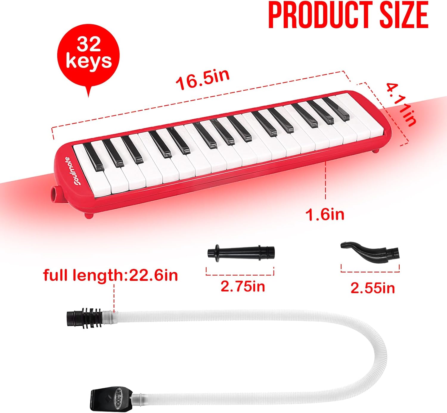 Soulmate Instrumento melódico de 32 teclas para niños, teclado de piano de aire, melódica soprano con tubos largos suaves, boquillas cortas y bolsa