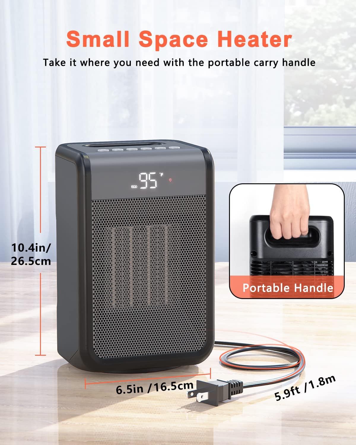 TriPole Calentador eléctrico portátil con termostato, calentadores oscilantes de 80 para uso en interiores, calentador de cerámica PTC de