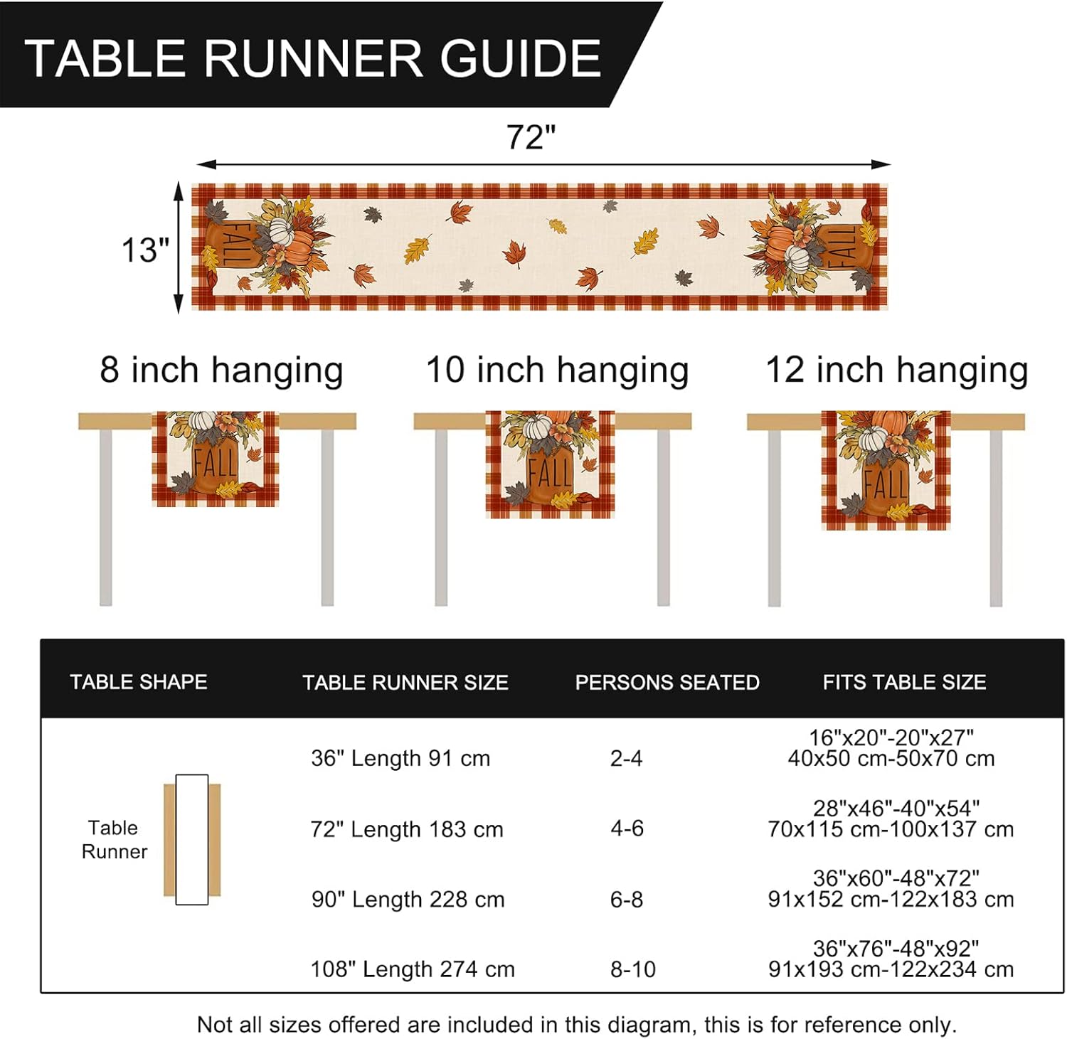 Seliem Camino de mesa de otoño con hojas de arce y calabaza, tarro de otoño, cuadros de búfalo, decoración de mesa de comedor de temporada,