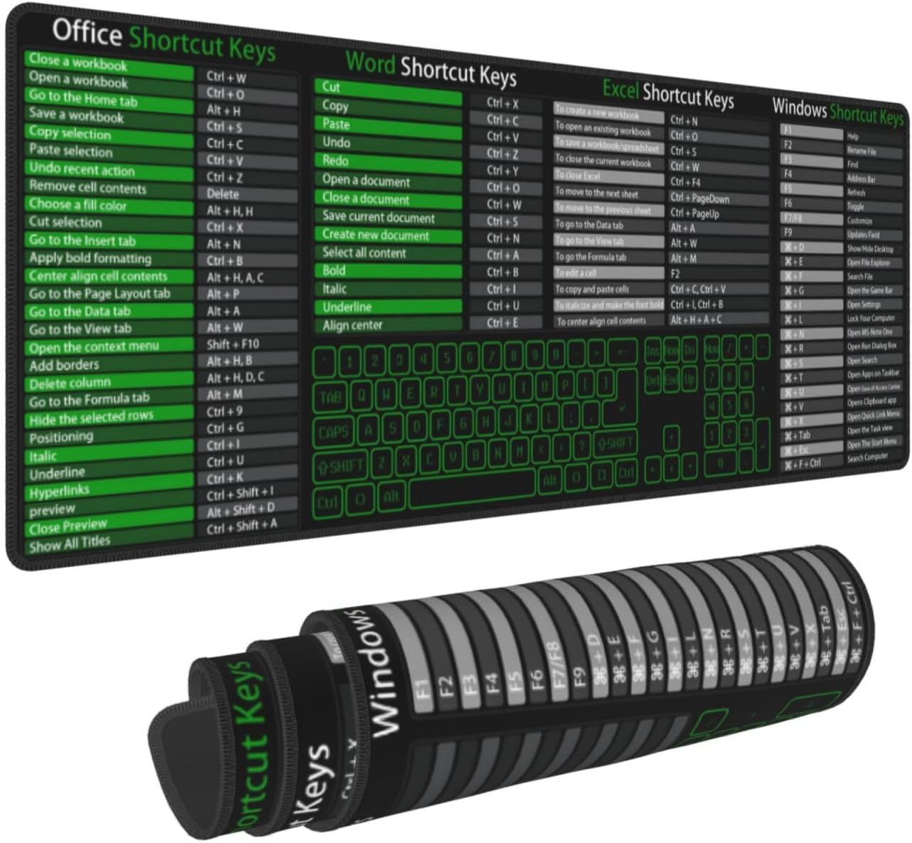 Atajos de teclas de acceso directo de computadora, oficina, punto de alimentación Excel, Word, verde, para juegos, teclado, mouse, alfombrilla de