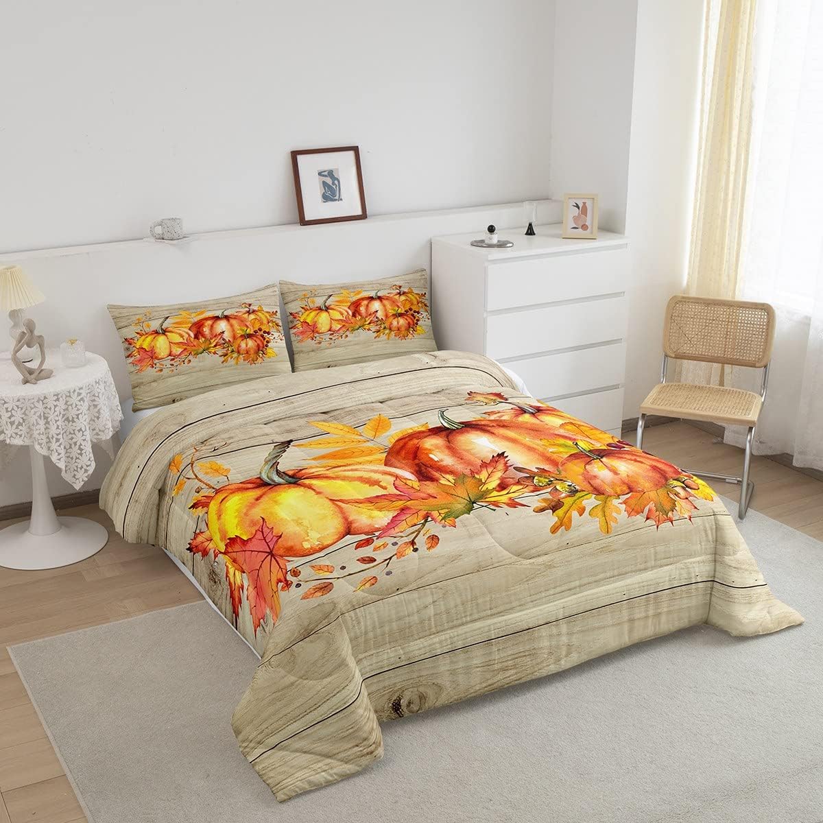 Juego de edredón de cosecha de otoño con diseño de hojas de granja y calabaza, juego de ropa de cama rústica con puerta de granero, diseño de arce