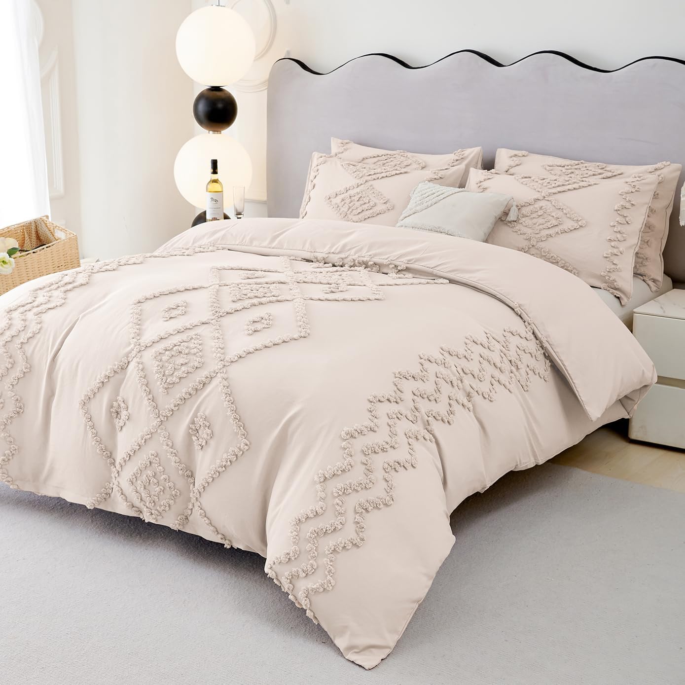URBONUR Juego de funda de edredón beige tamaño Queen  Juego de ropa de cama bohemio copetudo, color beige, juego de funda de edredón suave y ligera