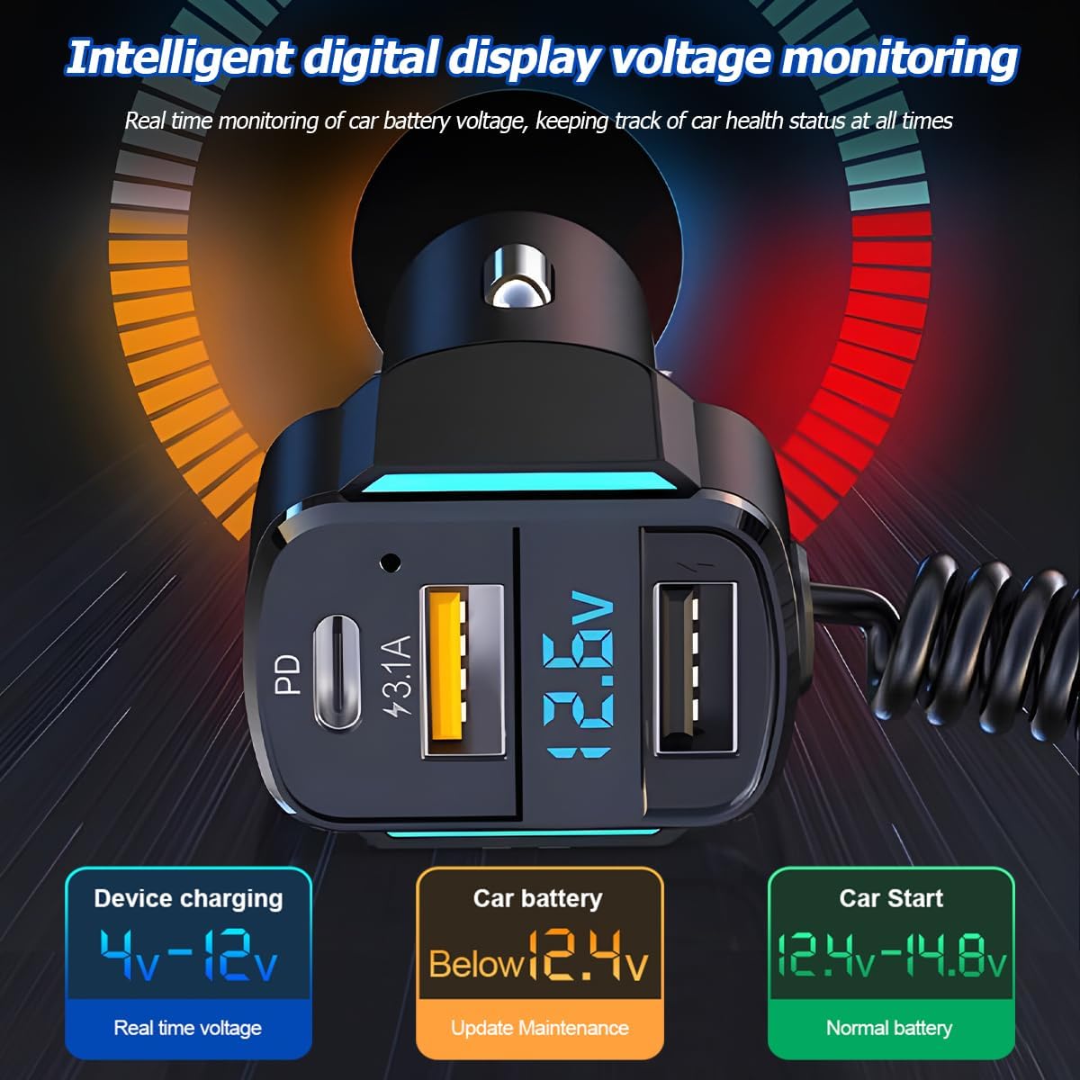 Cargador de coche USB C, cargador de coche rápido de 3 puertos PD3.0 y QC3.0 con pantalla digital LED, adaptador de carga rápida para encendedor de
