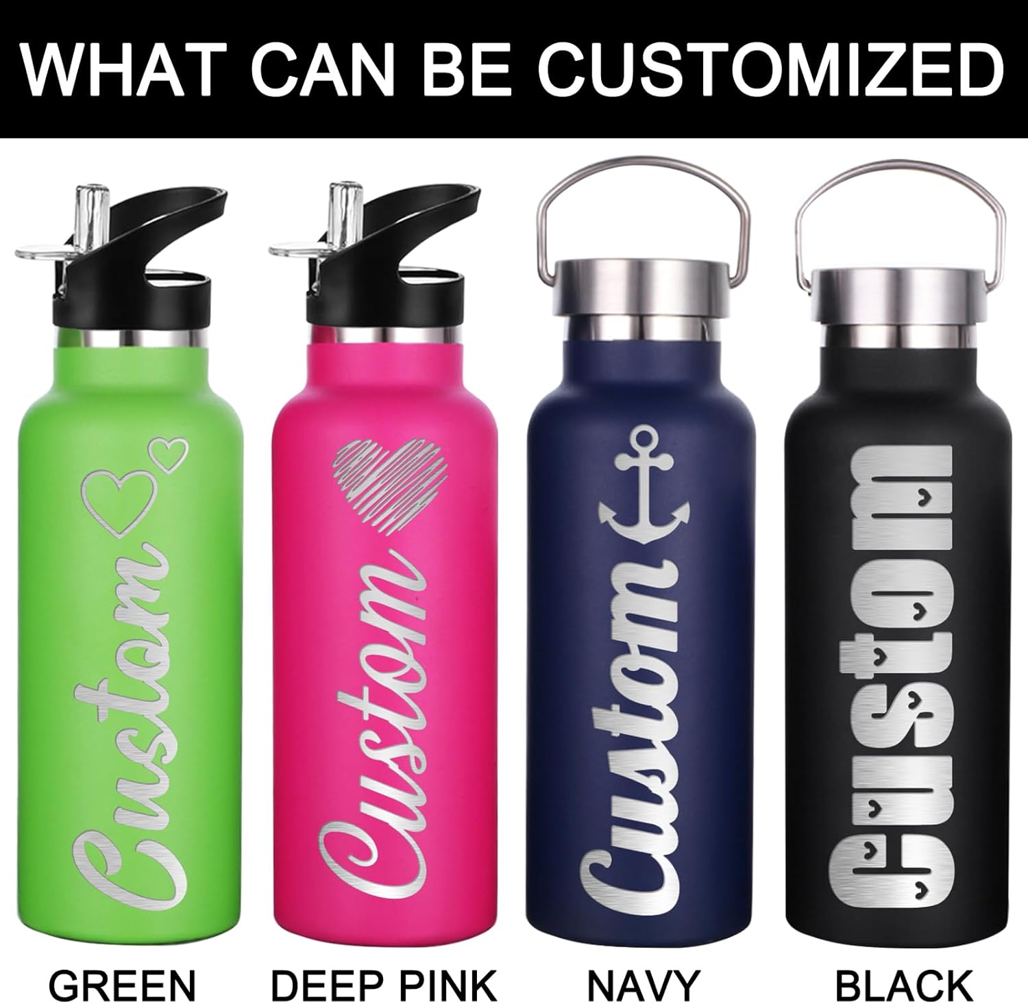 Botellas de agua personalizadas de 12 onzas, botella de agua de acero inoxidable personalizada con tapa con pajilla, botellas de doble pared