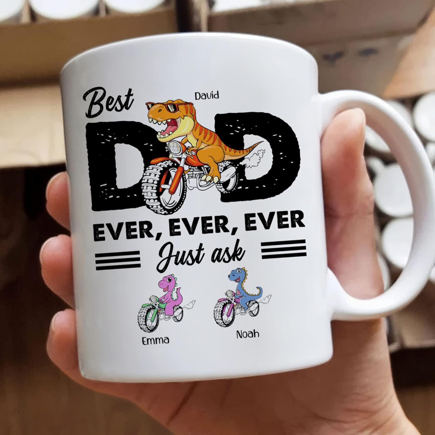 Gossby Taza de café personalizada con texto en inglés “Best Dad Ever” (2 niños)  Taza de papá para papá, esposo  Taza personalizada de 11 onzas y 15