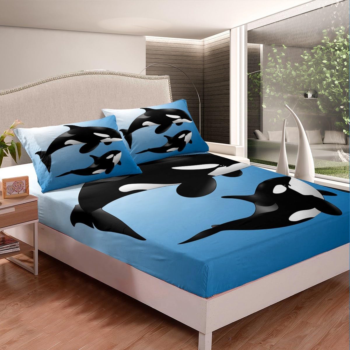 Juego de sábanas de ballena oceánica, juego de ropa de cama de orcas con animales de mar profundo, juego de sábanas hawaianas con bolsillo profundo