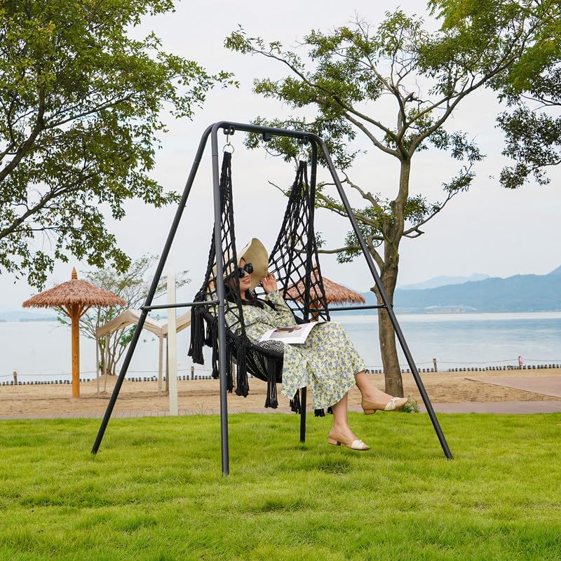 Lazy Daze Hammocks Silla columpio con soporte, silla colgante de macramé con cojín, soporte de hamaca de acero resistente, columpio colgante bohemio