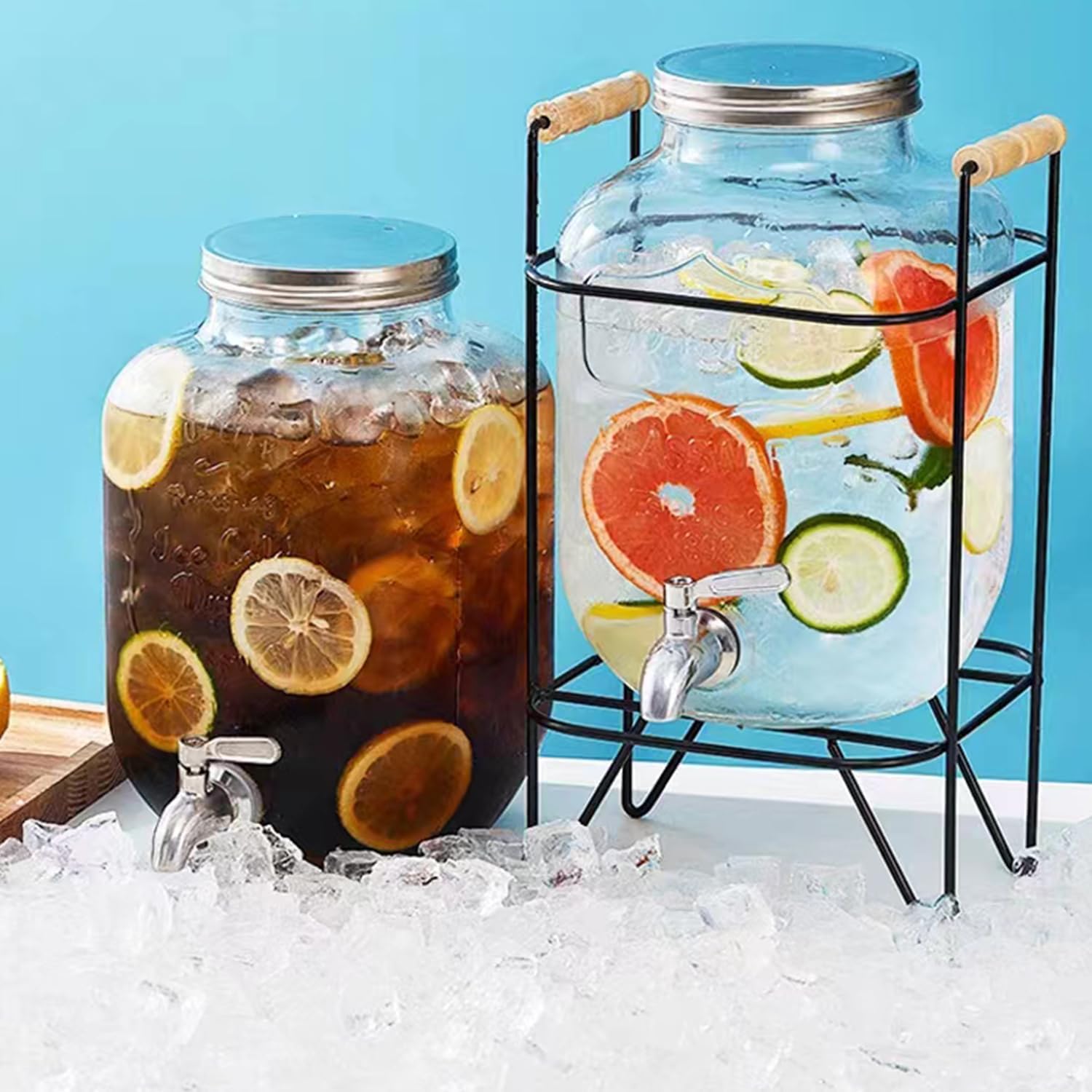 Dispensadores de bebidas de vidrio de 2 galones para fiestas, dispensador de vidrio con soporte y espita de acero inoxidable limonada cilindro de