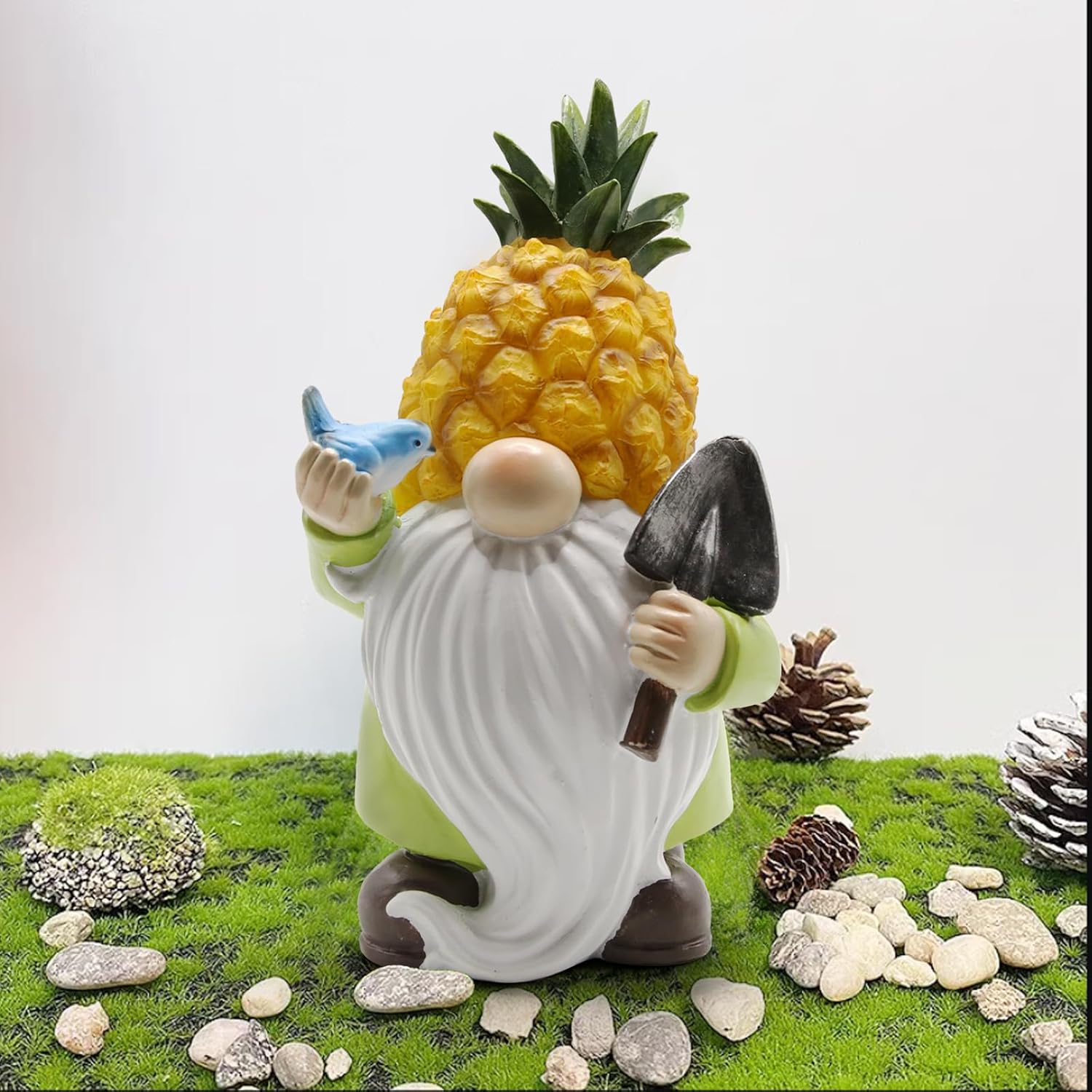 Estatuas solares de jardín con luces de piña, gnomos de jardín de resina con pájaro, estatuas de patio al aire libre para patio, balcón, césped,