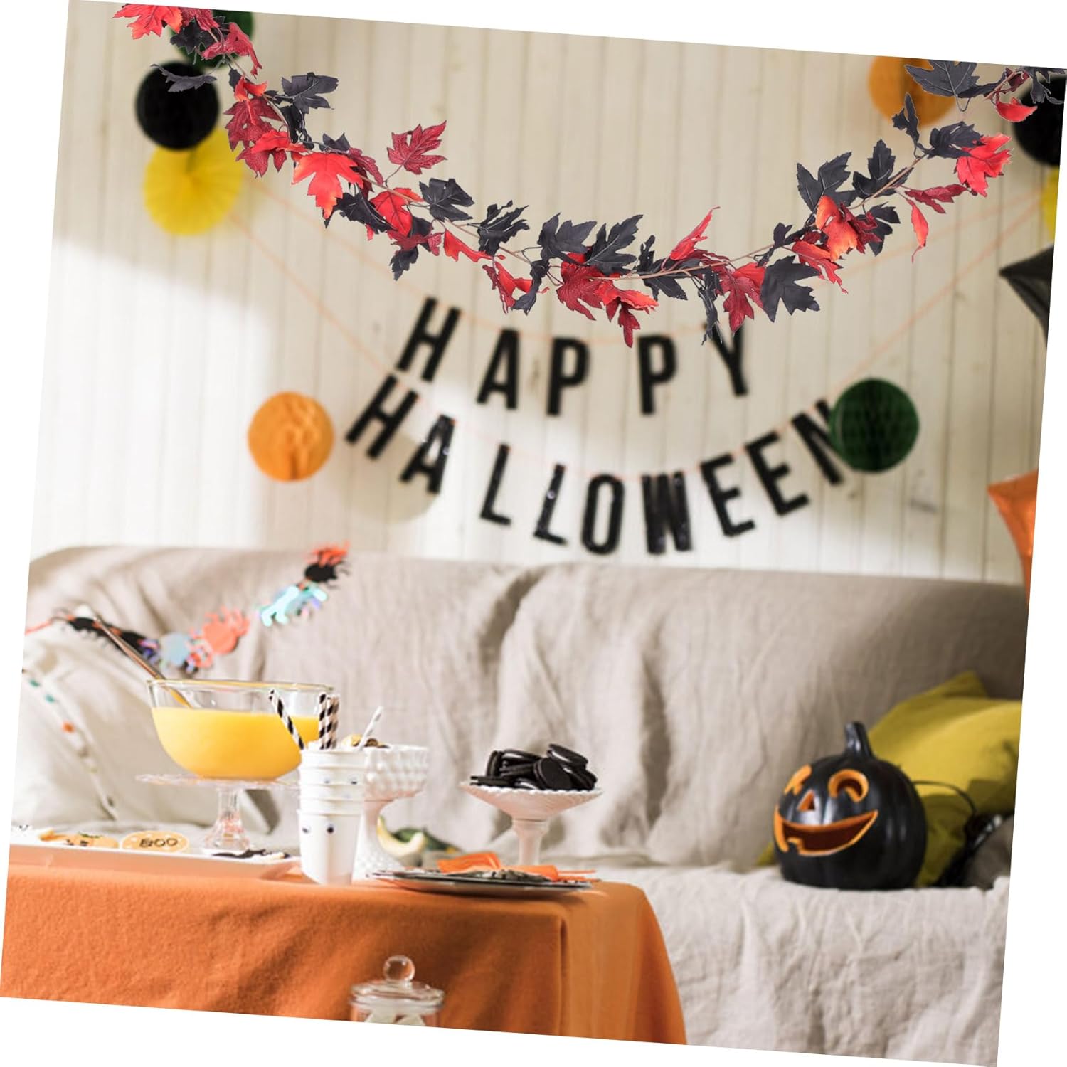 Amosfun 1 juego de hojas de arce simuladas ratán negro naranja hojas de otoño vid Halloween guirnalda artificial otoño artificial otoño plantas al