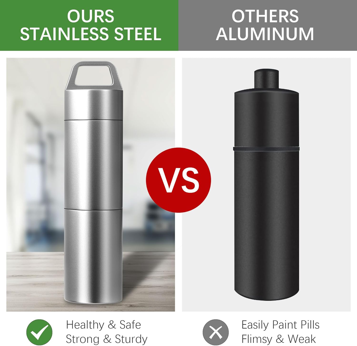 Pastillero pequeño (diseño de 2 compartimentos), llavero portátil de metal para pastilleros, contenedor impermeable para pastilleros, mini