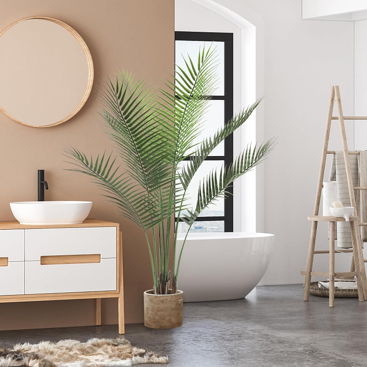 Palmera artificial de 4 pies con 9 troncos de imitación perfecta Dypsis Lutescens en maceta para interiores y exteriores, casa, oficina, jardín,