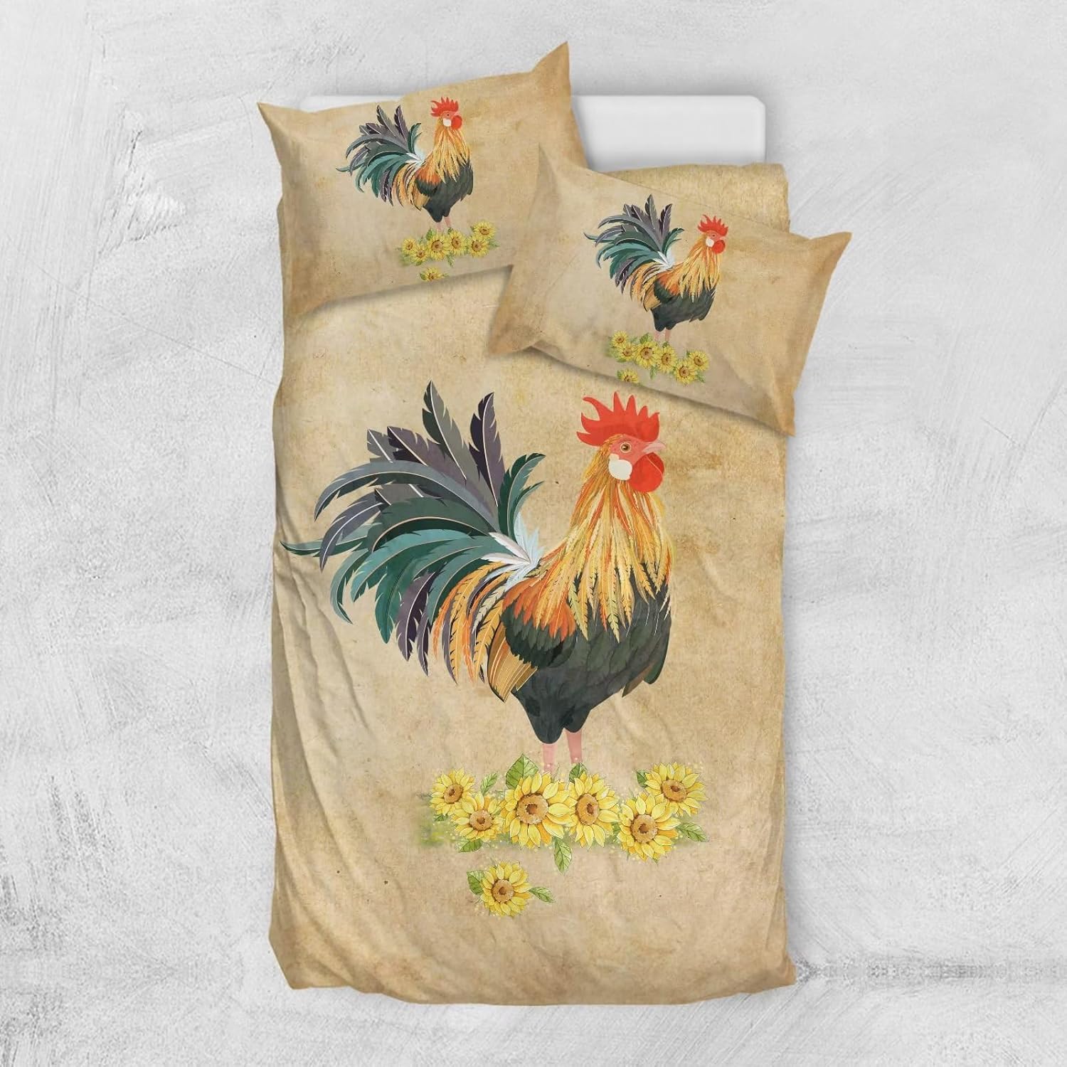 Poceacles Juego de funda de edredón con diseño de girasoles de pollo, juego de funda de edredón de 3 piezas, ligero, suave, transpirable, para todas