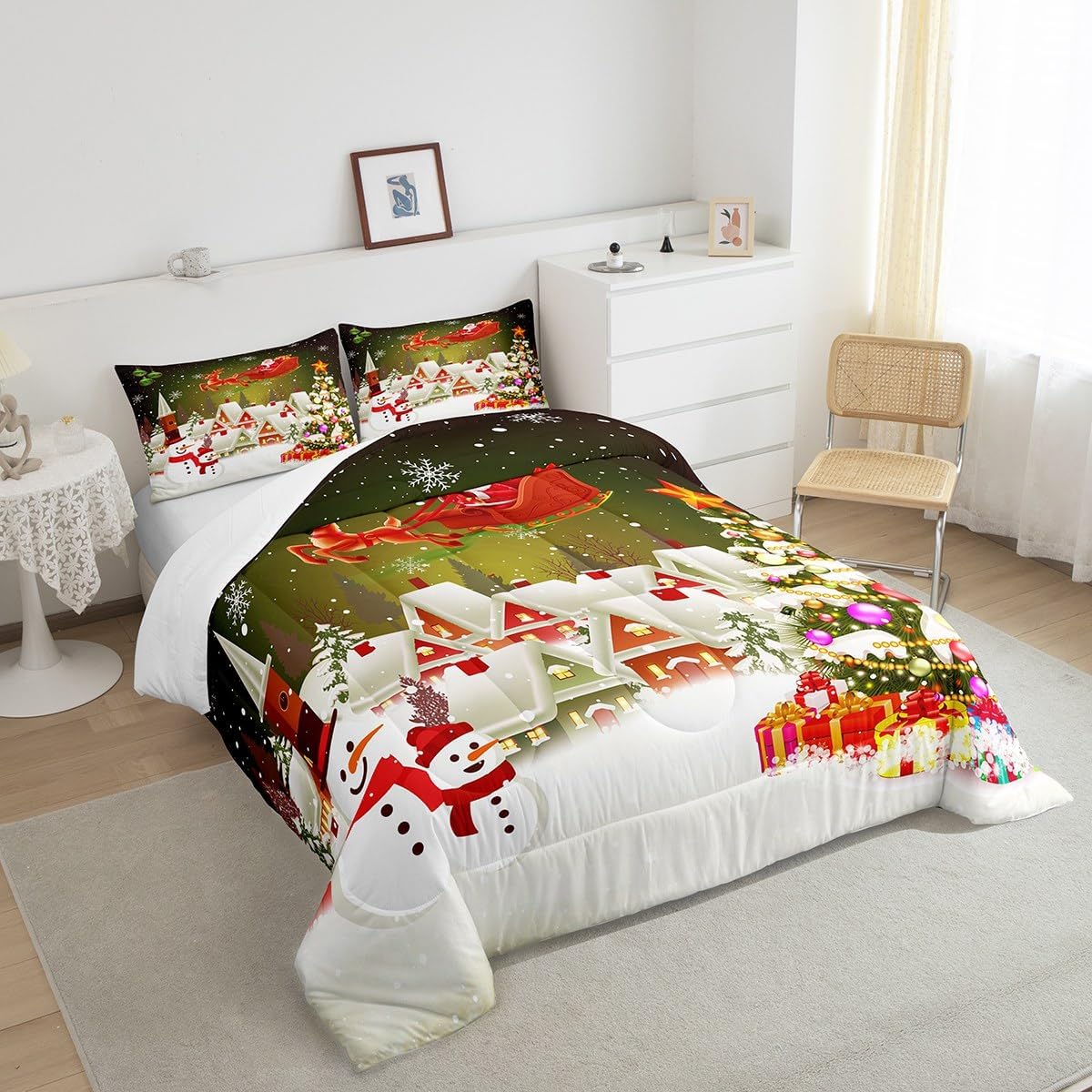 Manfei Juego de edredón de Navidad, tamaño King, juego de edredón de árbol de Navidad, muñeco de nieve con 2 fundas de almohada, juego de ropa de