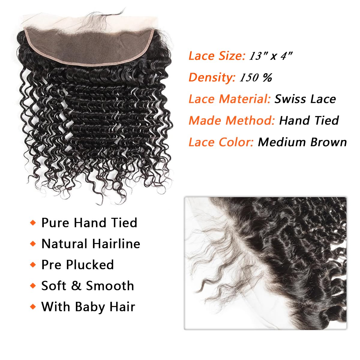 Weydlor Extensiones de ondas profundas con encaje frontal de 13 x 4, cabello humano de 18, 20, 22+16 pulgadas, 3 paquetes con encaje frontal, 100%