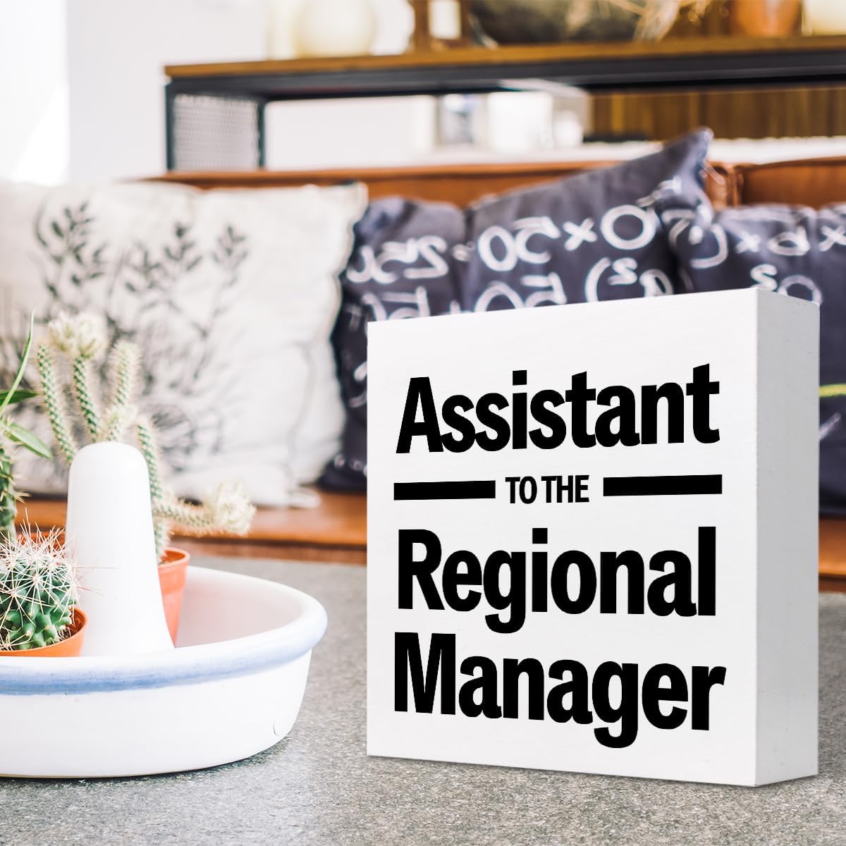 Letrero de madera con texto en inglés “Assistance to the Regional Manager” para decoración de escritorio, divertido humor, caja de madera, placa,