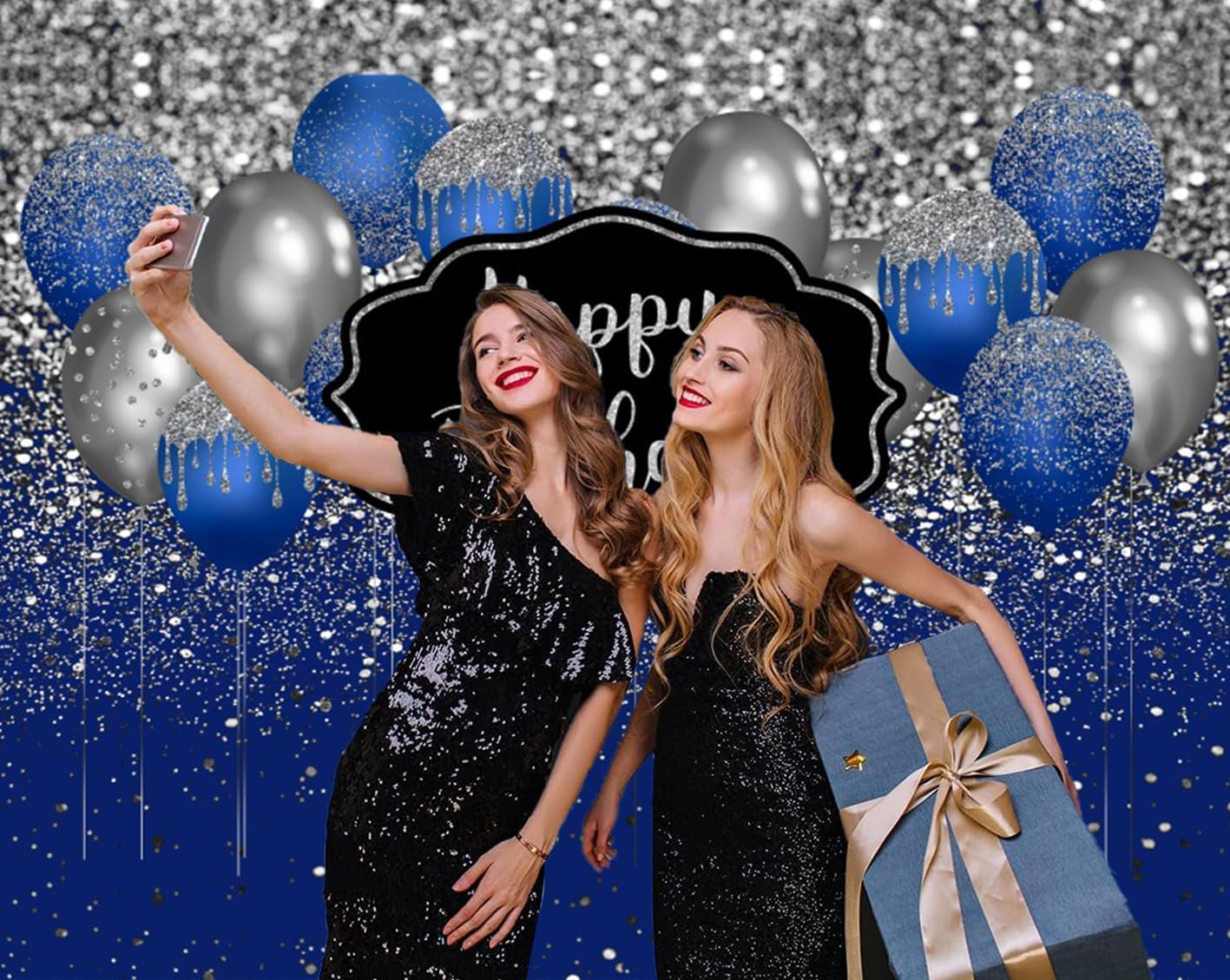 Telón de fondo de feliz cumpleaños azul marino y plateado, globos azules y plateados con purpurina, diamantes, puntos, fiesta de cumpleaños, fondo